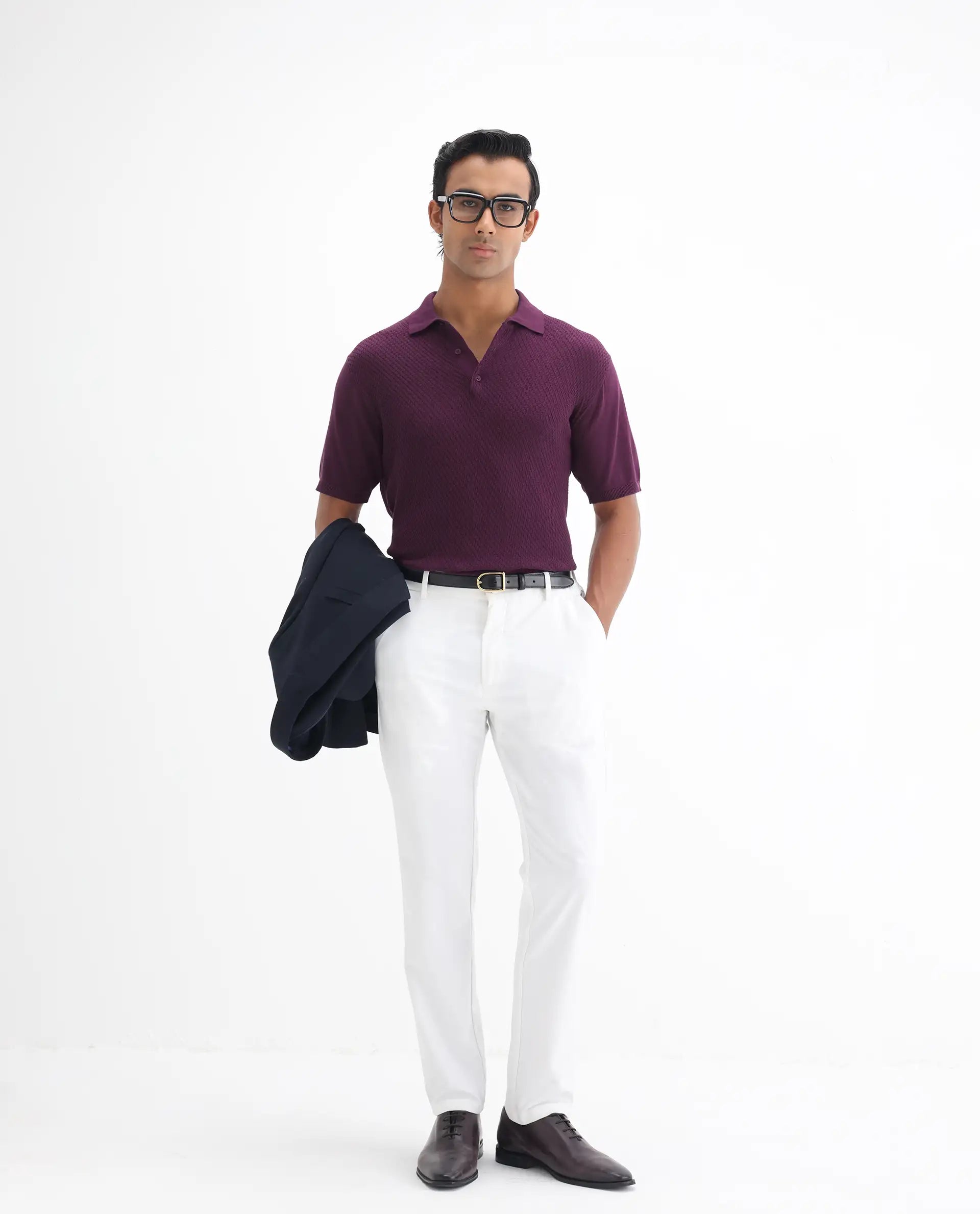 Rare Rabbit Men's Xas Dark Purple Cotton Textured Regular Fit Half Sleeve Polo