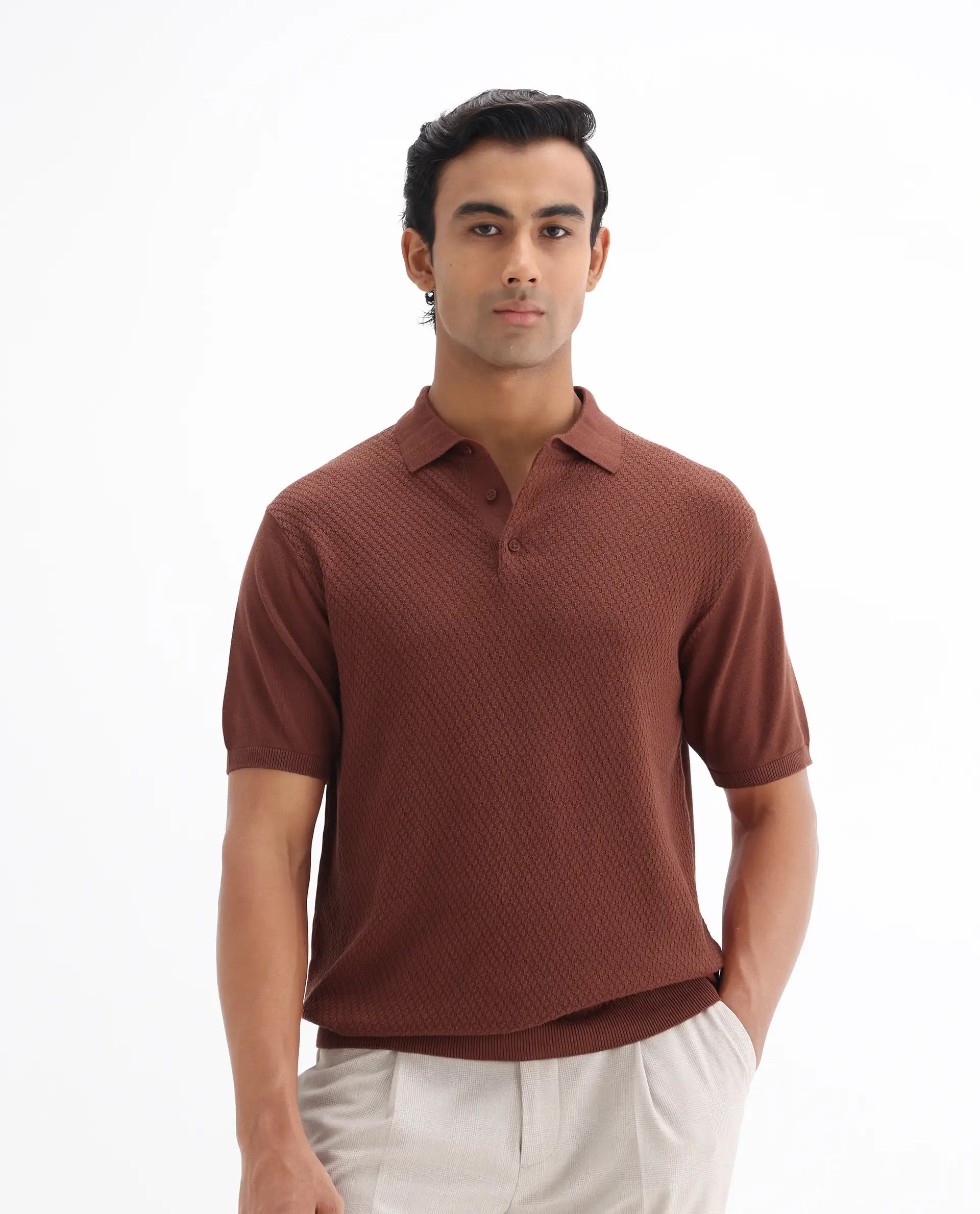 Rare Rabbit Men's Xas Rust Cotton Plain Regular Fit Half Sleeve Polo
