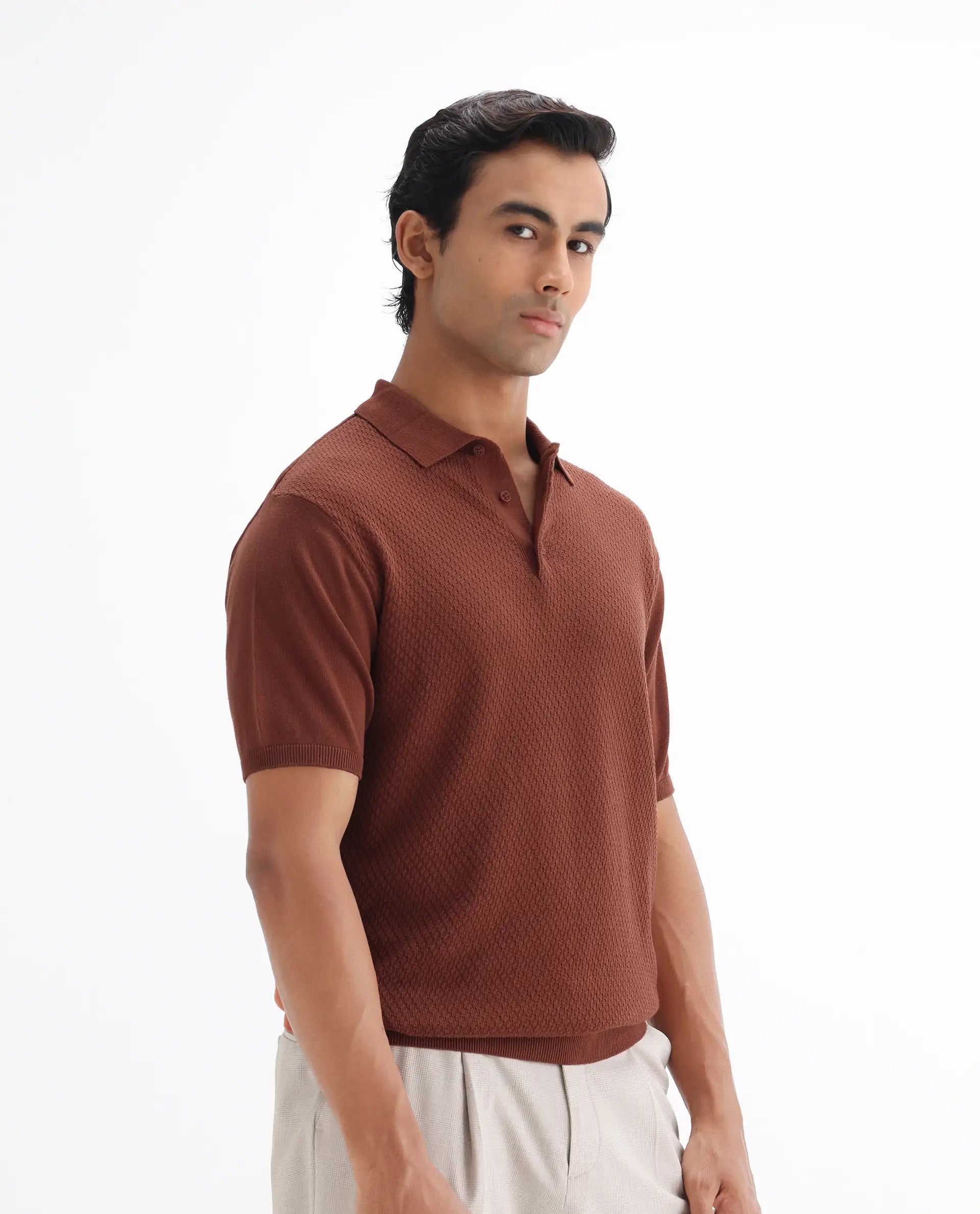 Rare Rabbit Men's Xas Rust Cotton Plain Regular Fit Half Sleeve Polo