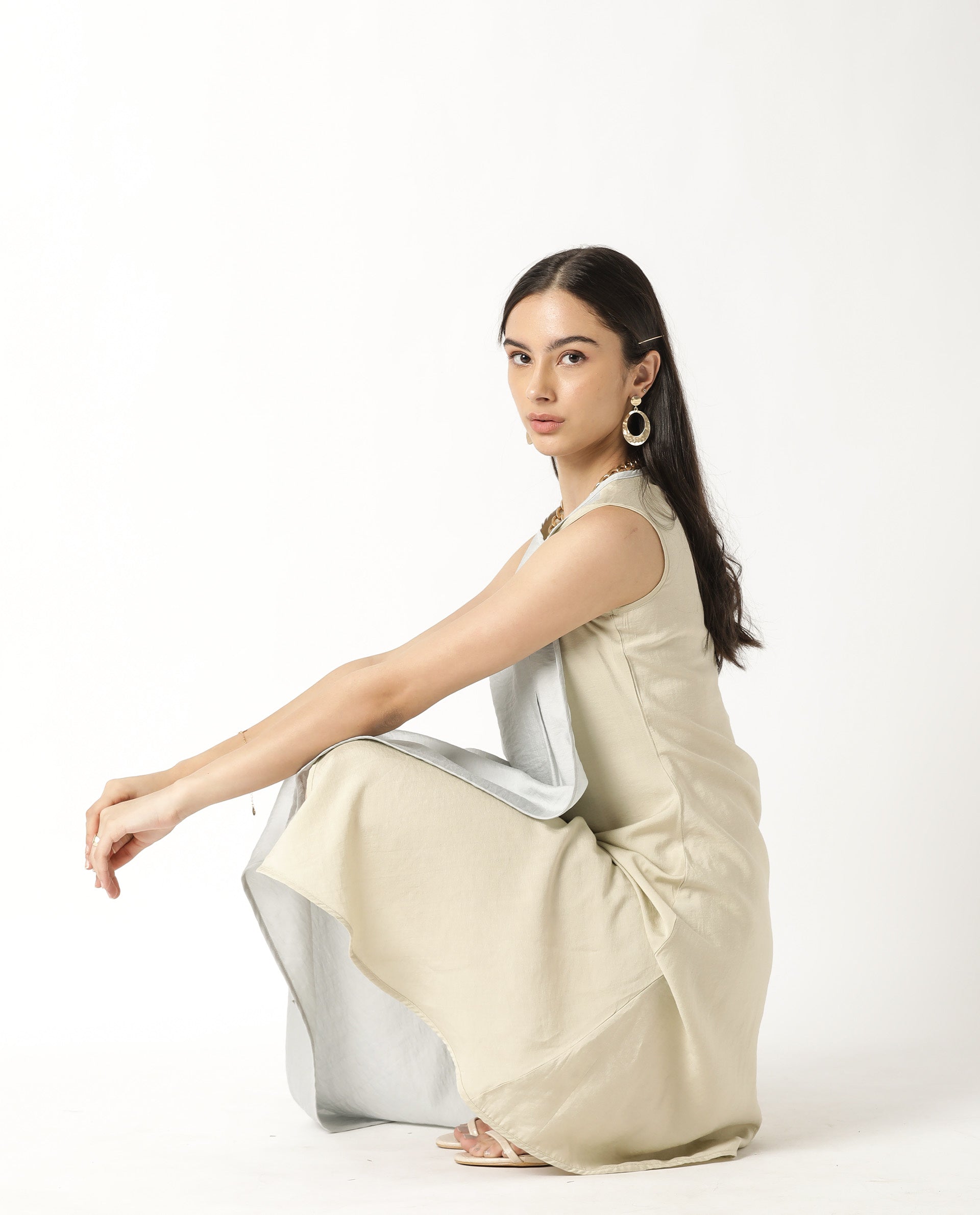 Rareism Women Xavier Blue Boat Neck Sleeveless Overlap Panel In Front With Asymmetric Midi Dress