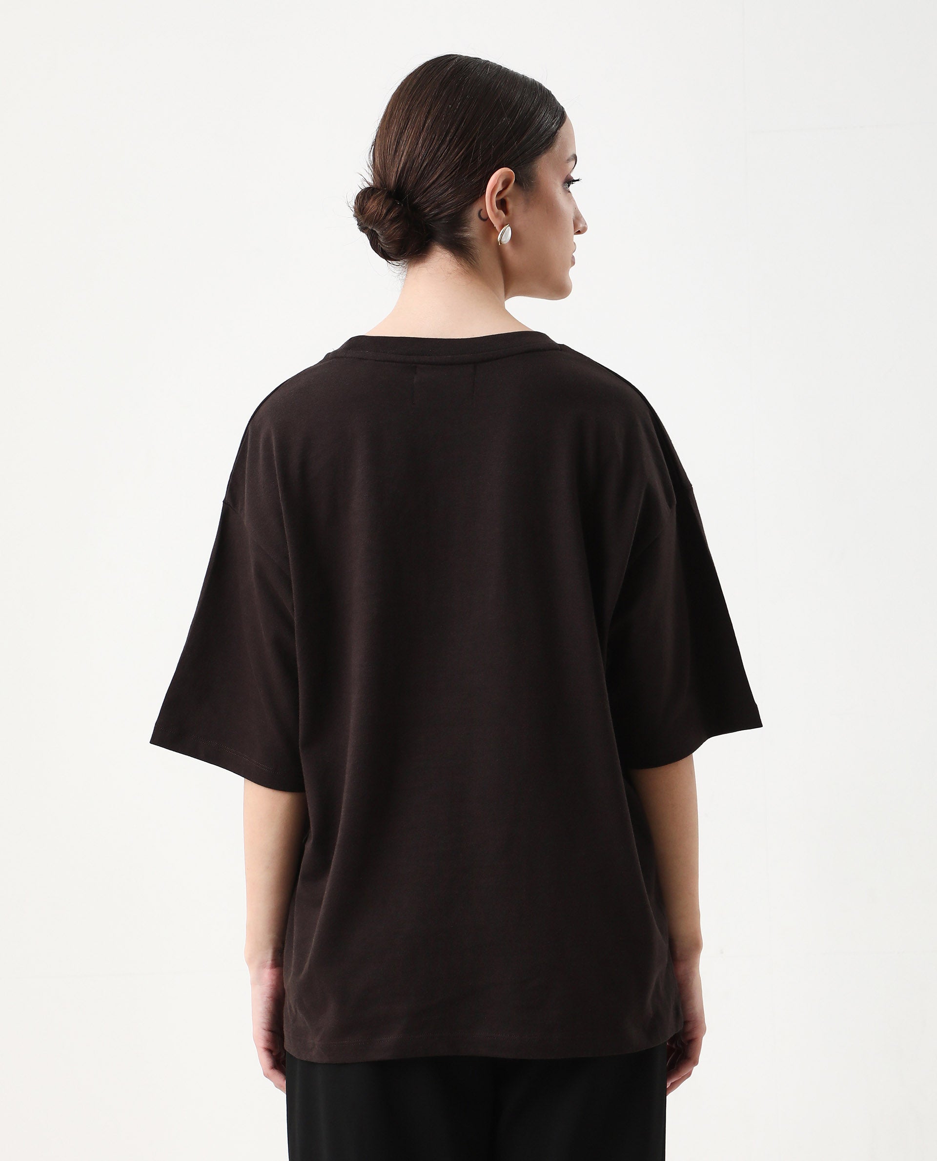 Rareism Women's Xena Brown Cotton Crew Neck Graphic Print Oversized T-Shirt