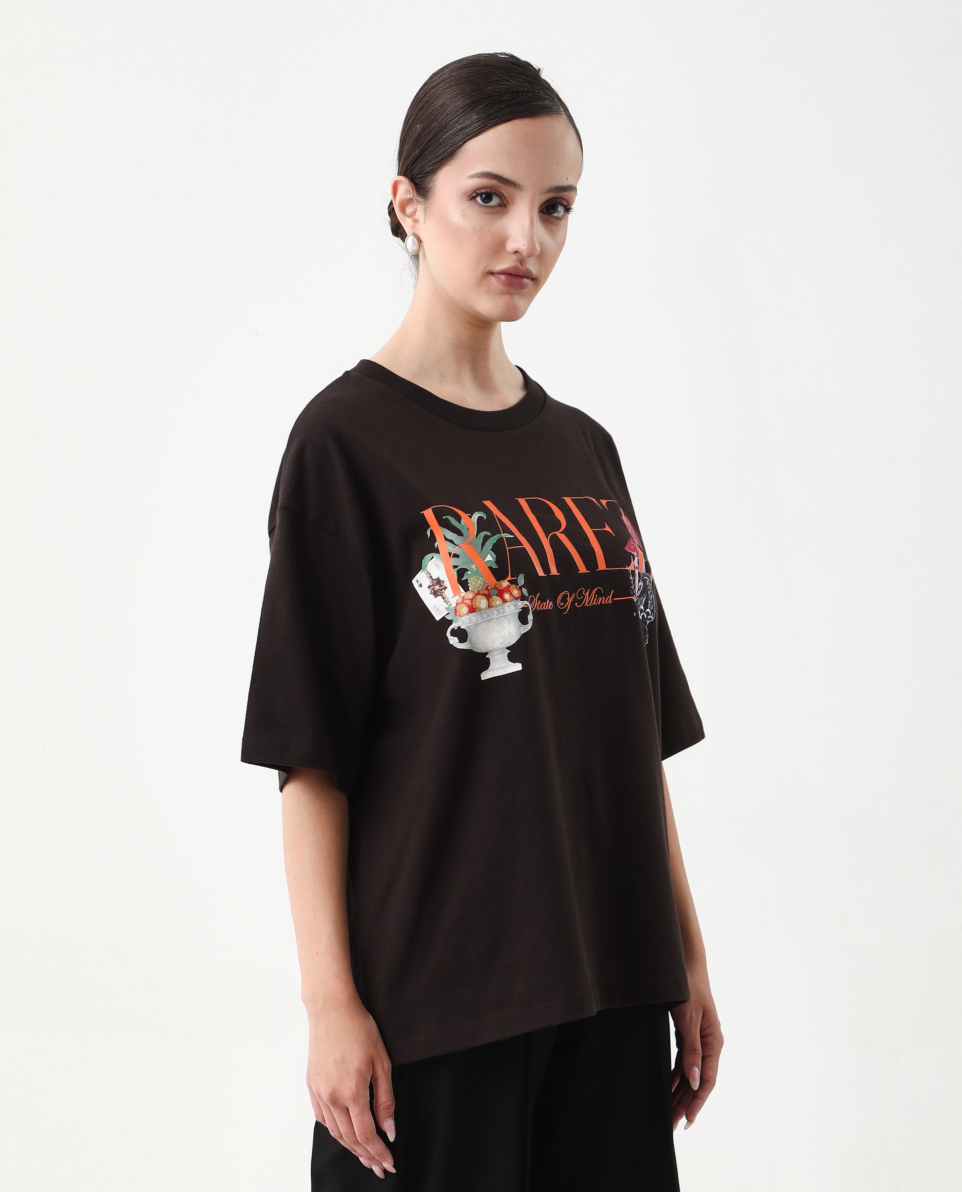Rareism Women's Xena Brown Cotton Crew Neck Graphic Print Oversized T-Shirt