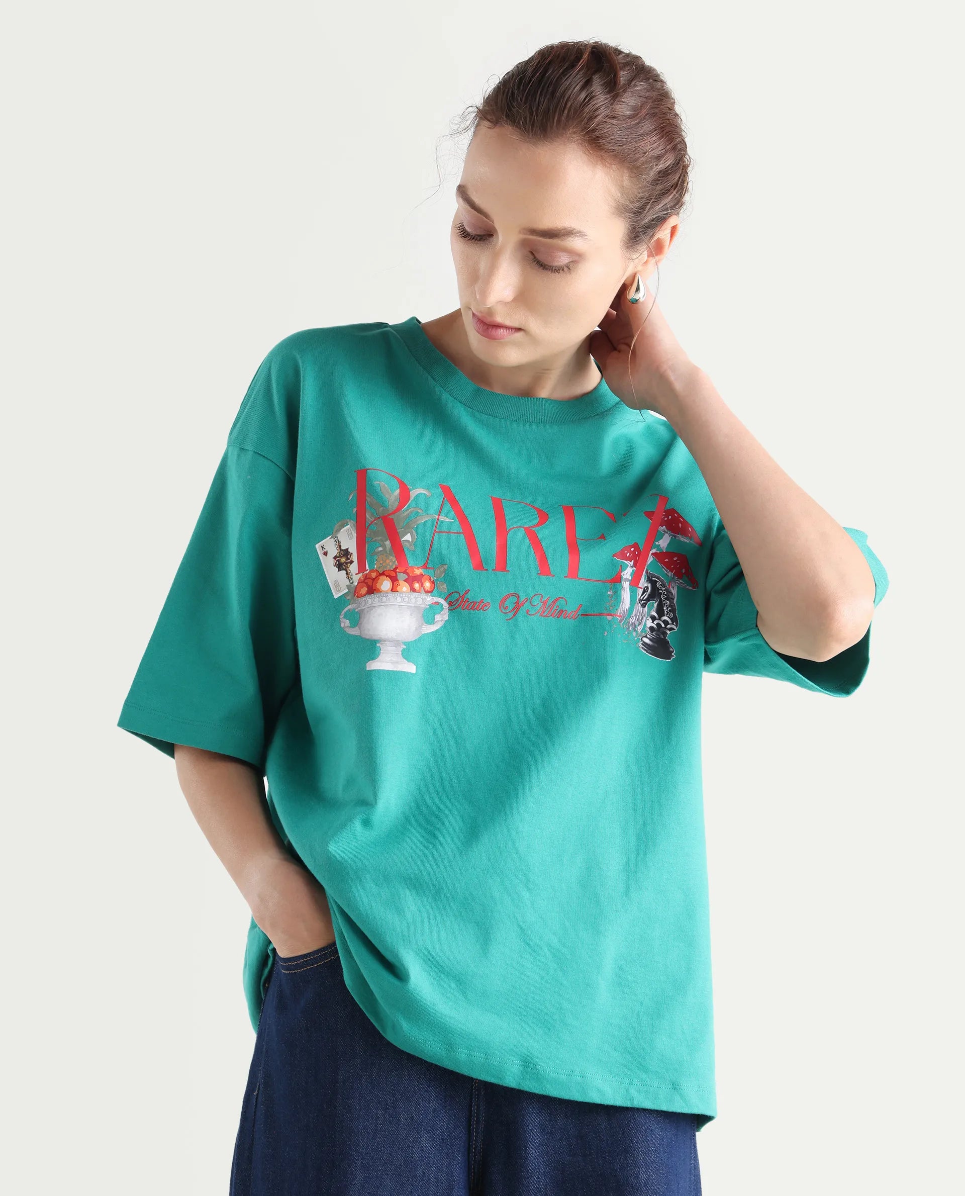 Rareism Women's Xena Green Cotton Crew Neck Graphic Print Oversized T-Shirt