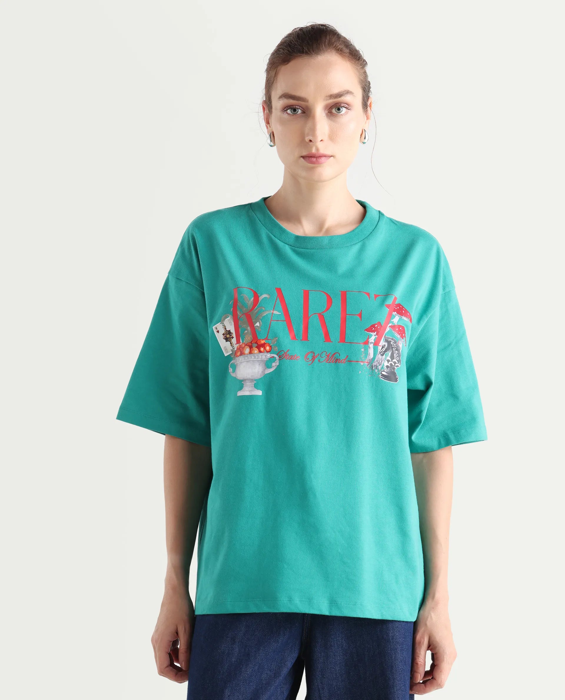 Rareism Women's Xena Green Cotton Crew Neck Graphic Print Oversized T-Shirt