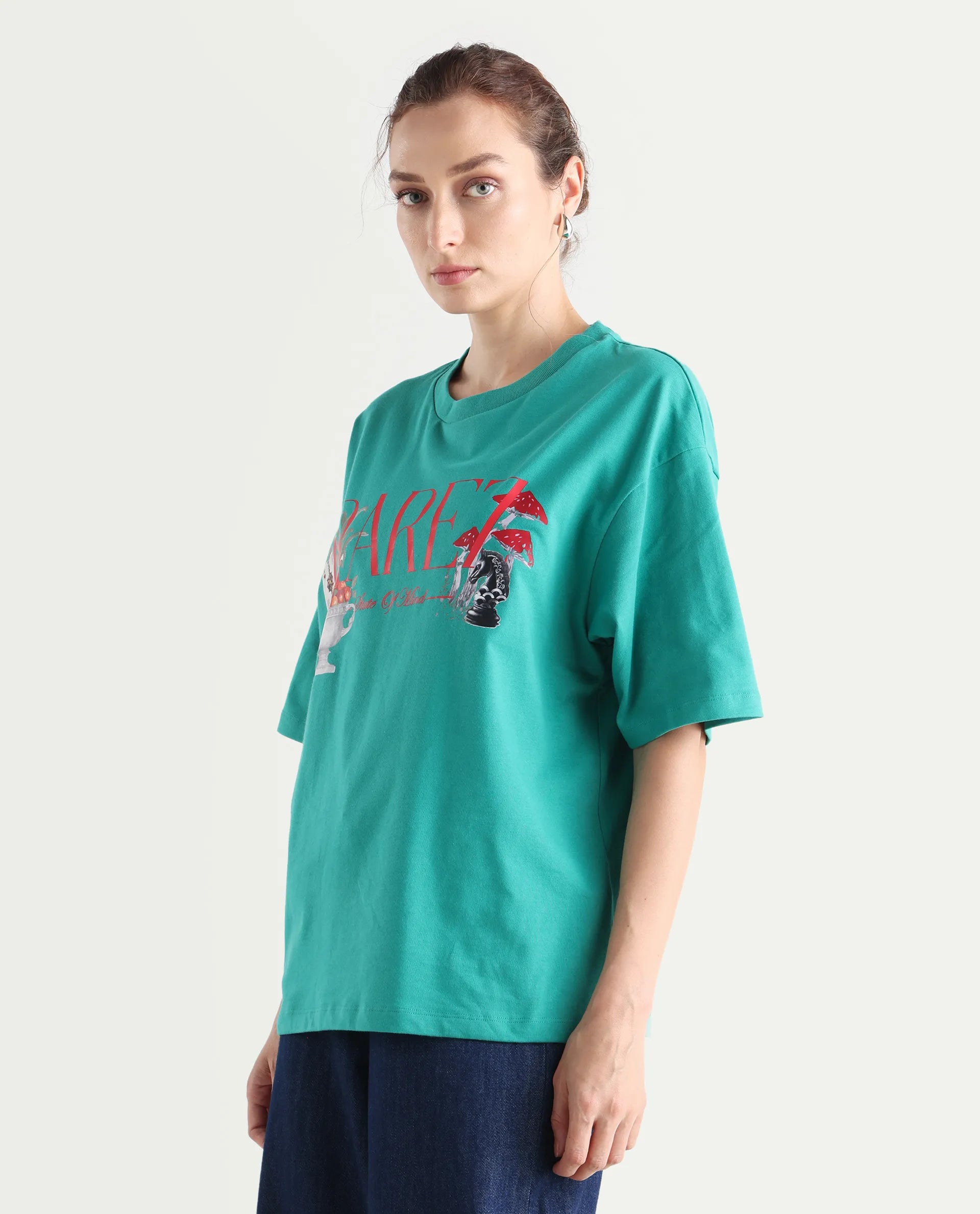 Rareism Women's Xena Green Cotton Crew Neck Graphic Print Oversized T-Shirt