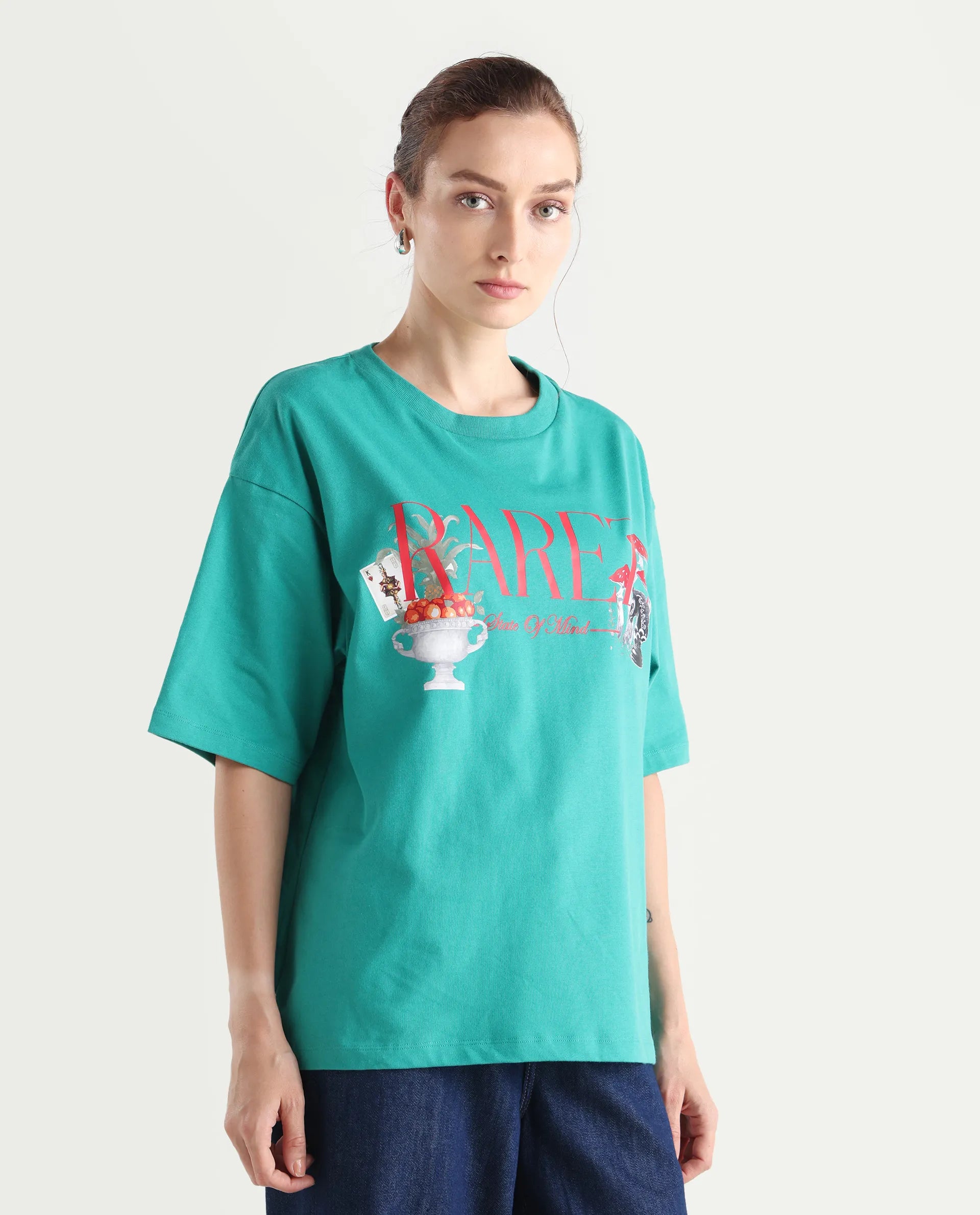 Rareism Women's Xena Green Cotton Crew Neck Graphic Print Oversized T-Shirt
