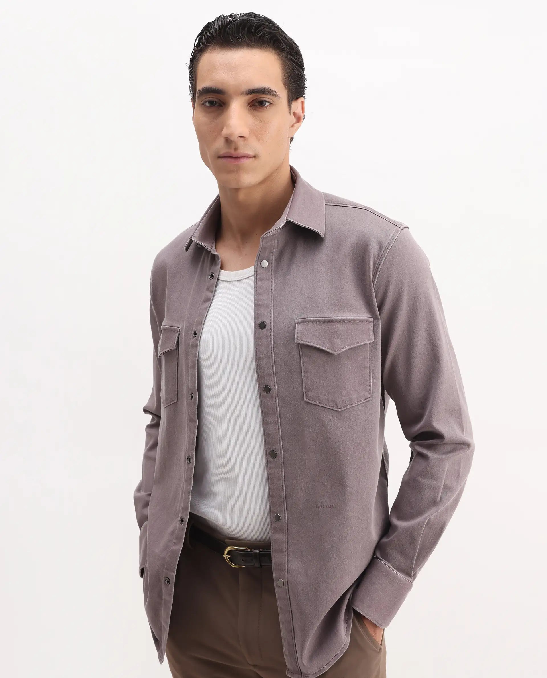 Rare Rabbit Men's Xenor 25 Dusky Purple Cotton Plain Regular Fit Full Sleeve Collared Shirt