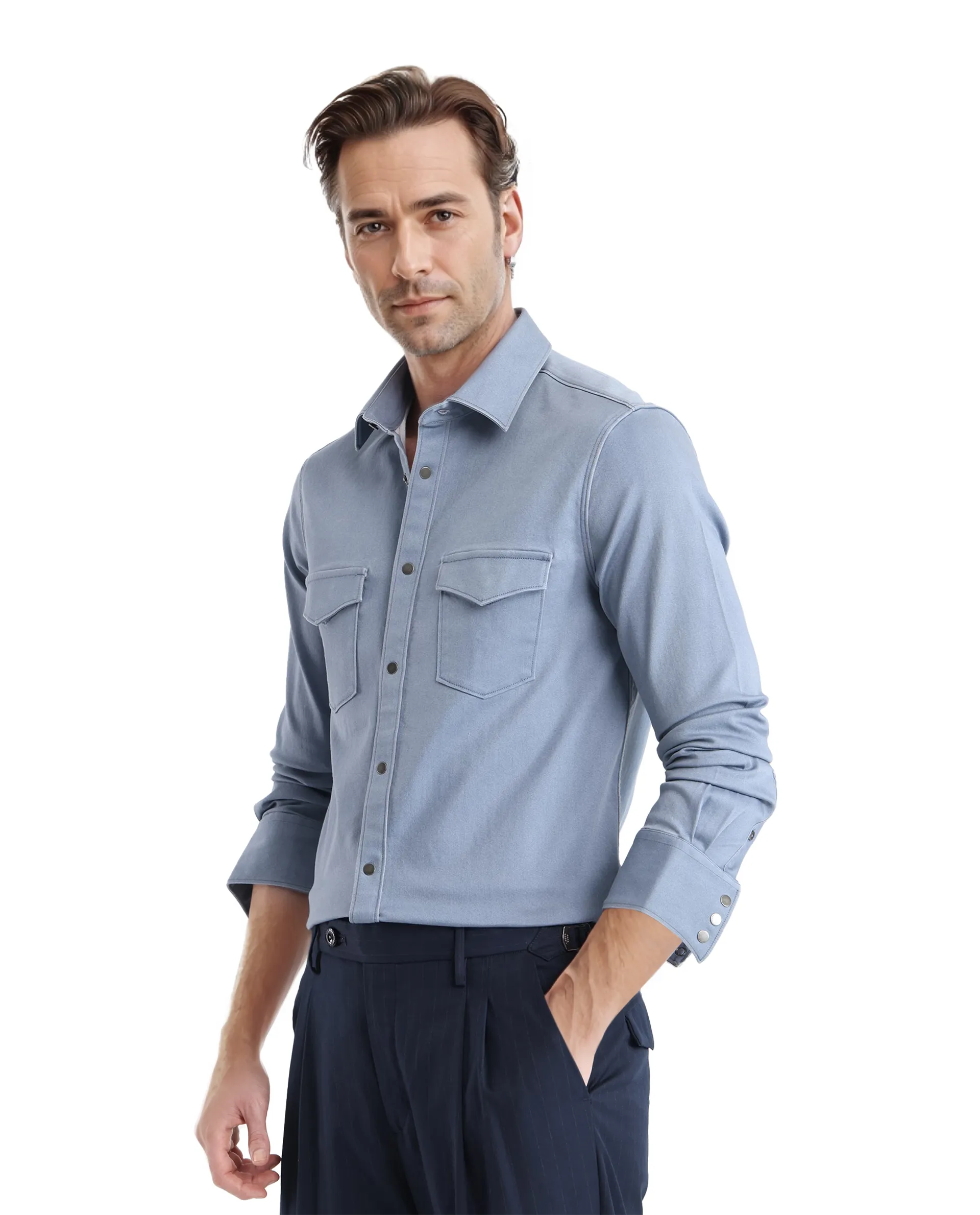 Rare Rabbit Men Xenor Blue Full Sleeve Collared Neck Plain Shirt