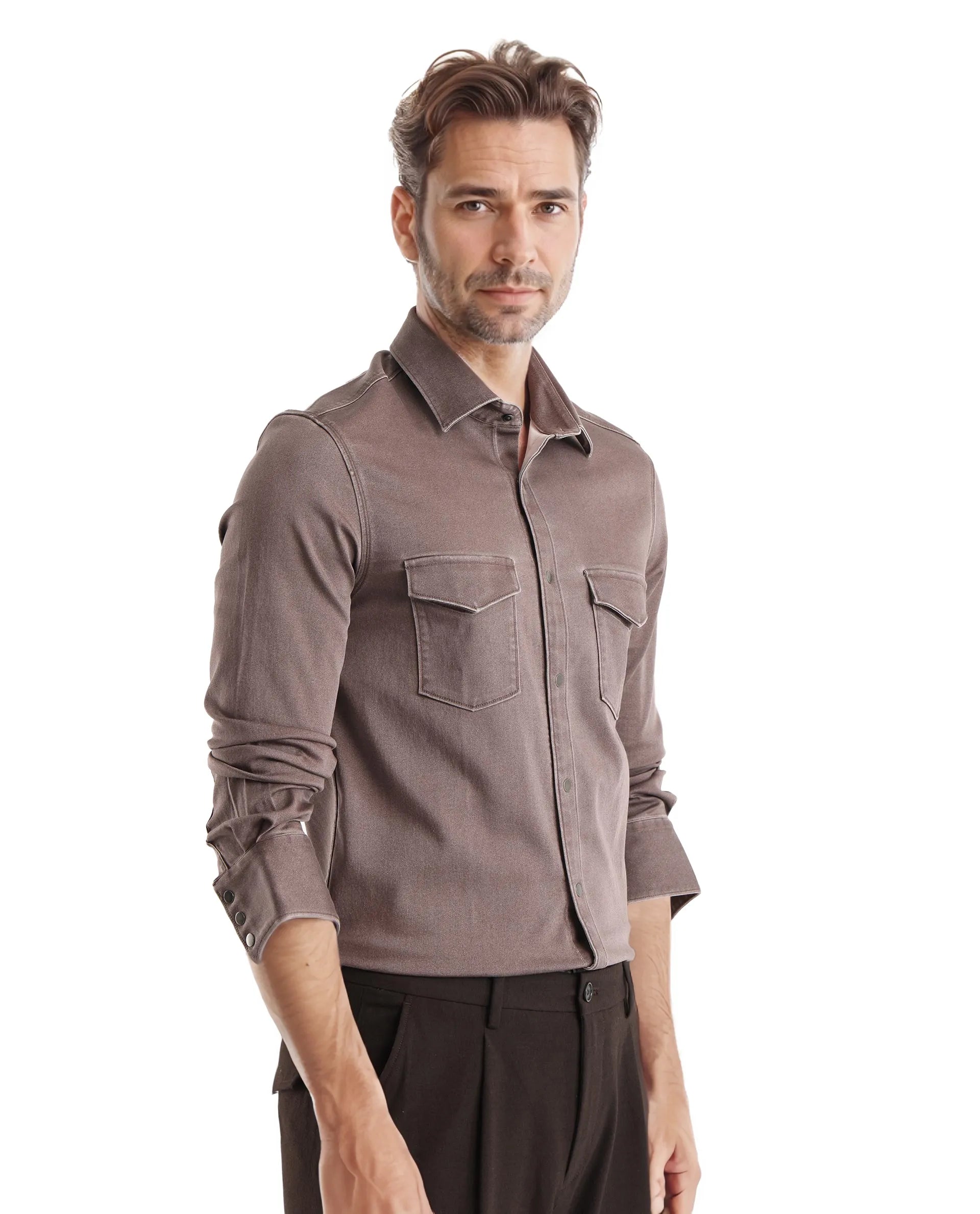 Rare Rabbit Men Xenor Brown Full Sleeve Collared Neck Button Closure Plain Shirt