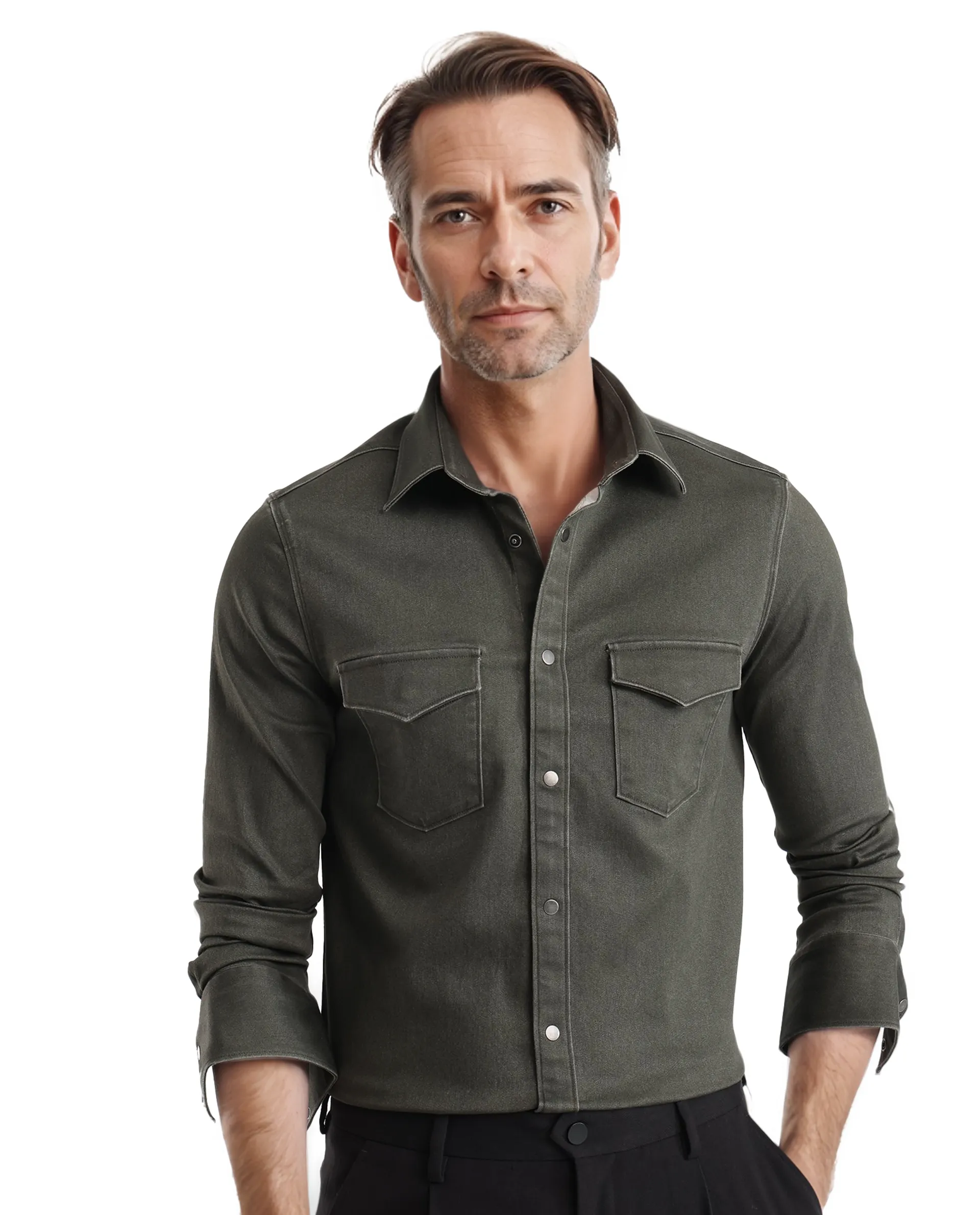 Rare Rabbit Men Xenor Olive Full Sleeve Collared Neck Plain Shirt