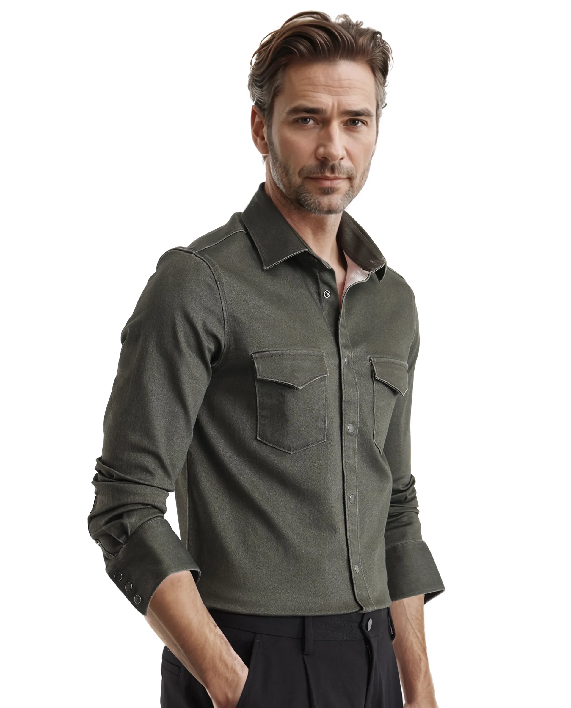 Rare Rabbit Men Xenor Olive Full Sleeve Collared Neck Plain Shirt