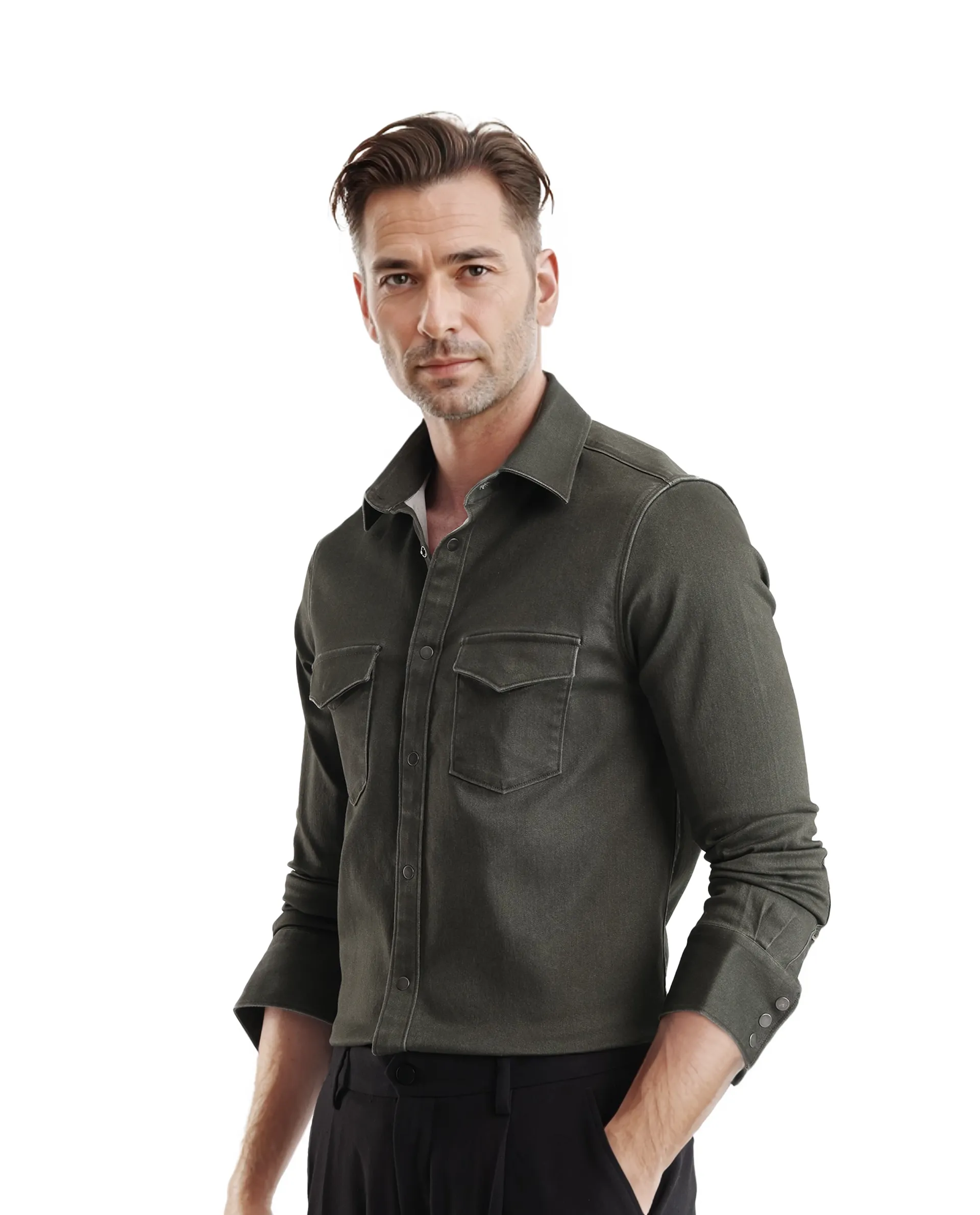 Rare Rabbit Men Xenor Olive Full Sleeve Collared Neck Plain Shirt