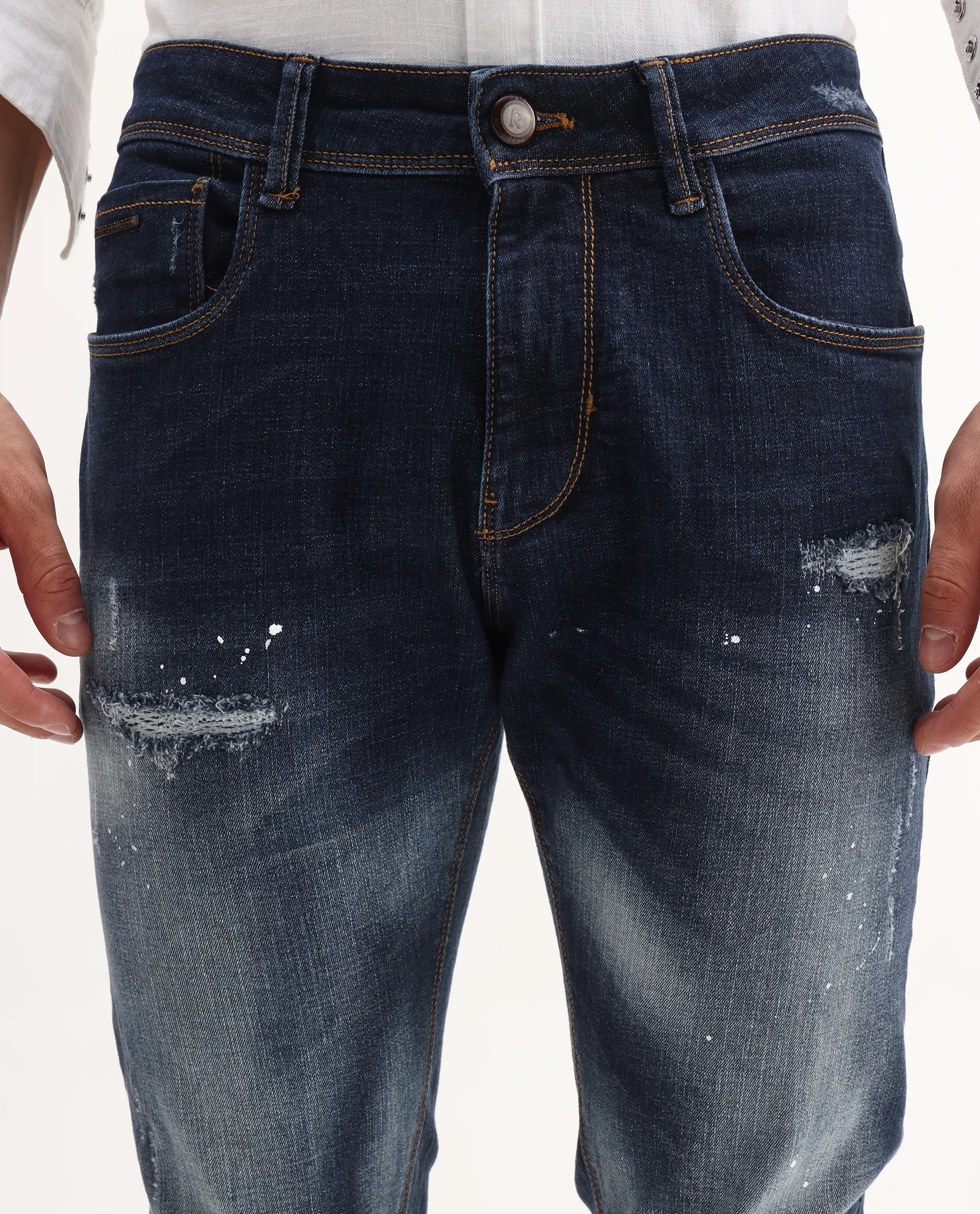 Rare Rabbit Men's Xian Blue Cotton Blend Plain Hawk Slim Fit Jeans