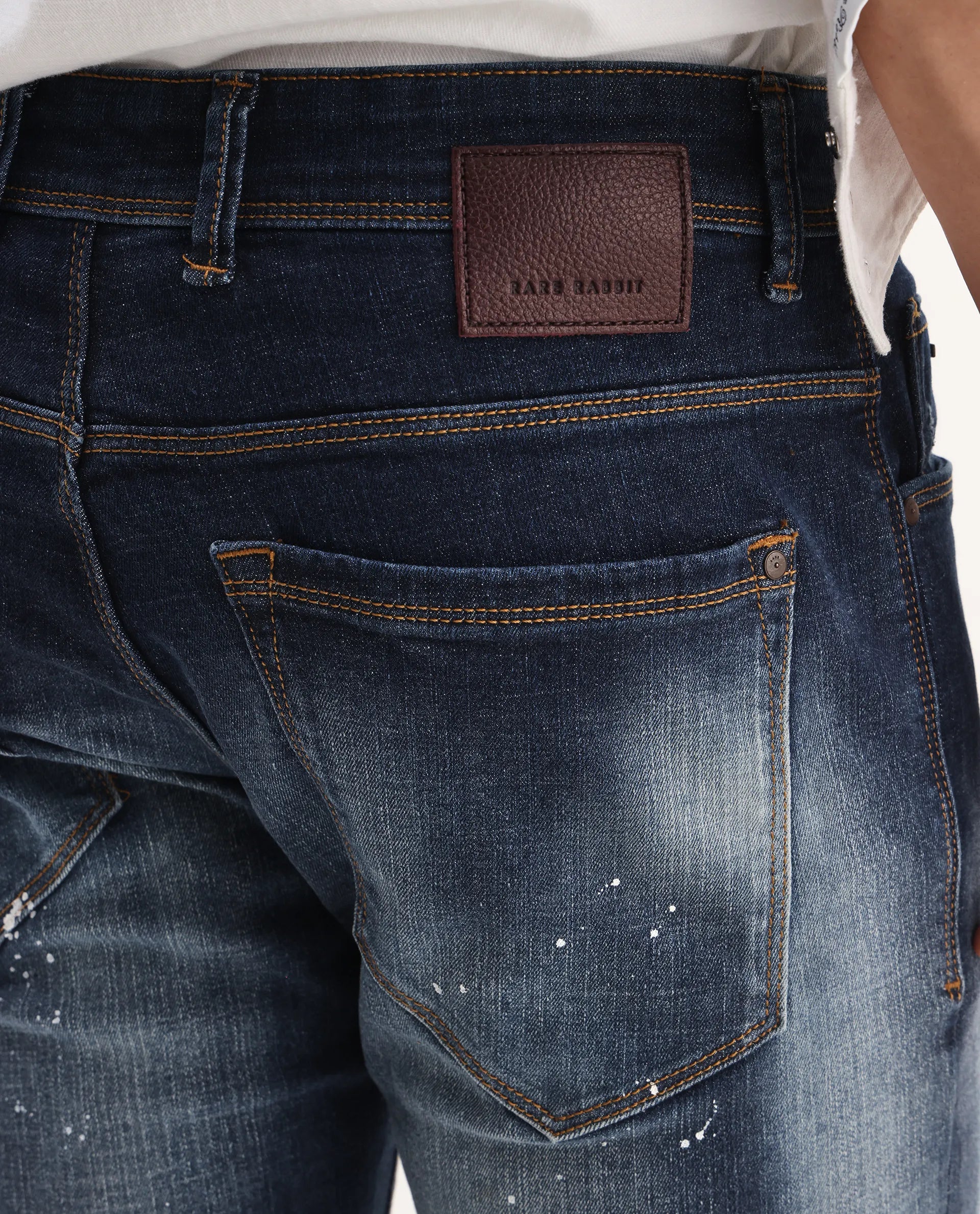 Rare Rabbit Men's Xian Blue Cotton Blend Plain Hawk Slim Fit Jeans