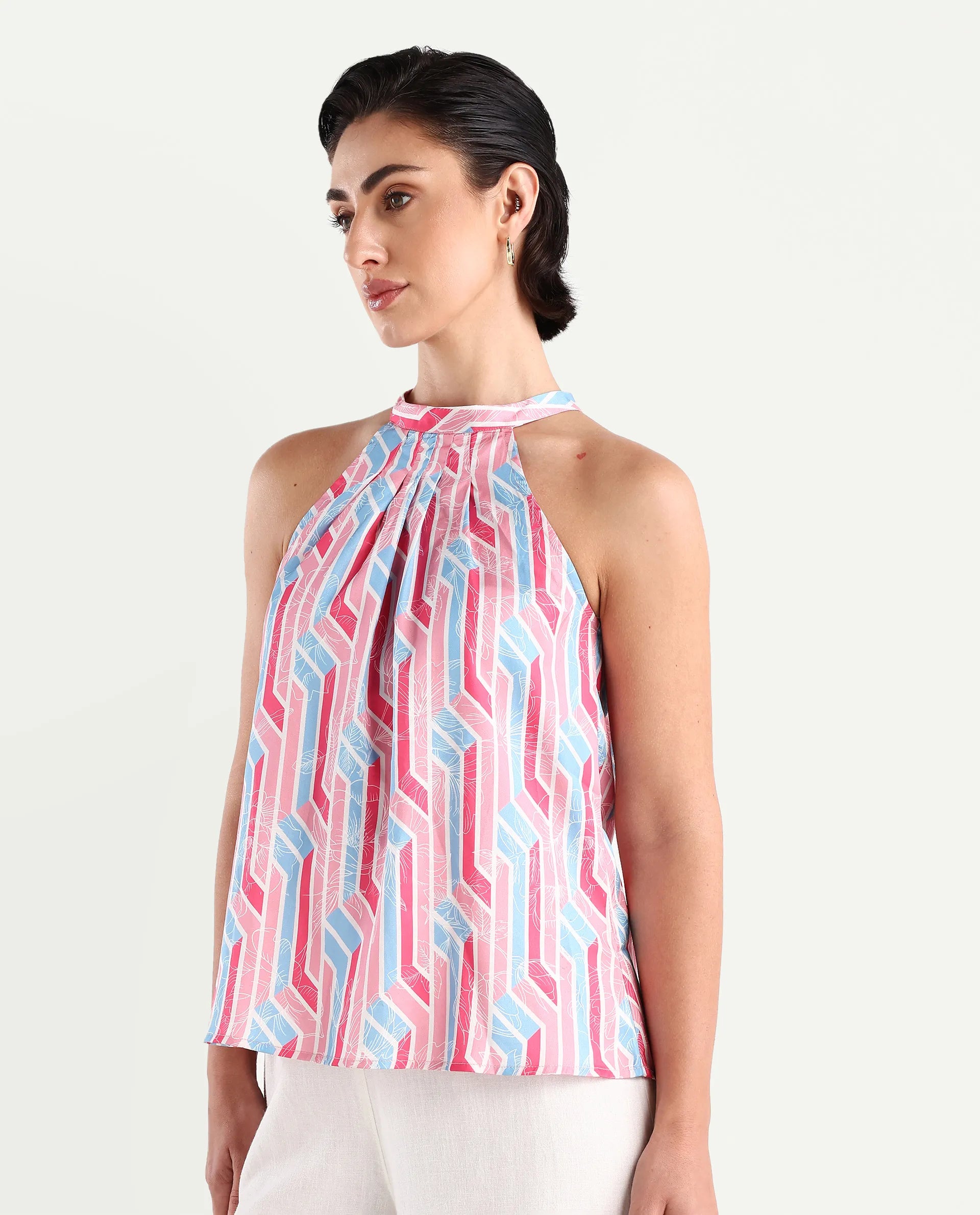 Rareism Women's Xico Light Multi Polyester Halter Neck Geometric Print Sleeveless Regular Fit Top