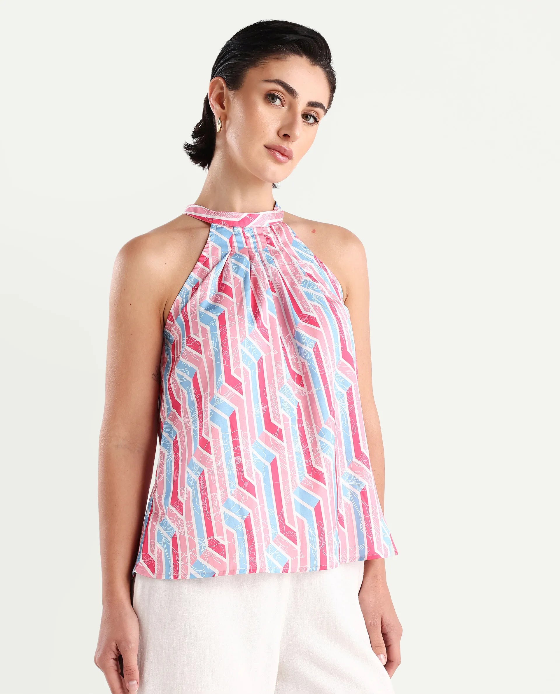 Rareism Women's Xico Light Multi Polyester Halter Neck Geometric Print Sleeveless Regular Fit Top