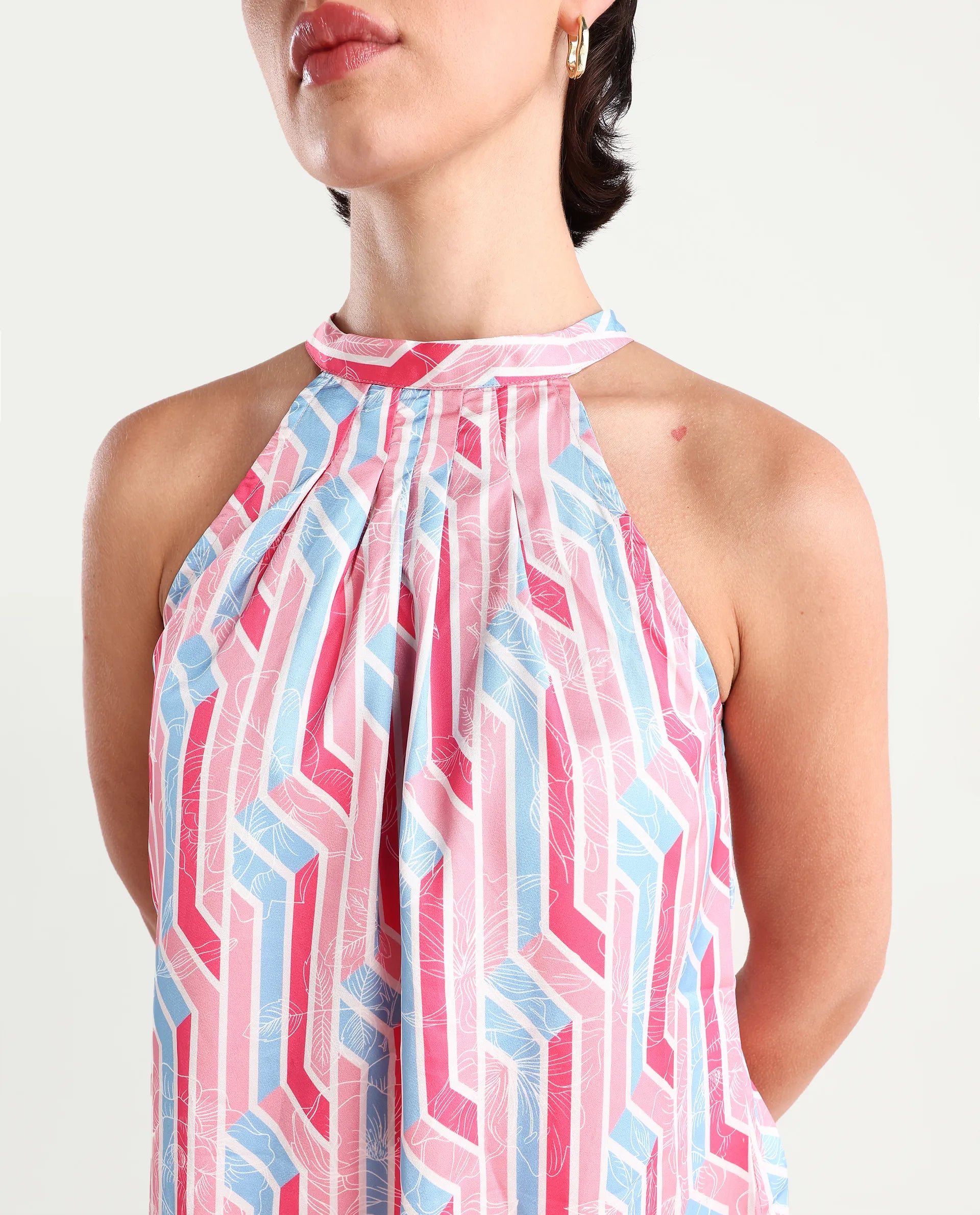 Rareism Women's Xico Light Multi Polyester Halter Neck Geometric Print Sleeveless Regular Fit Top