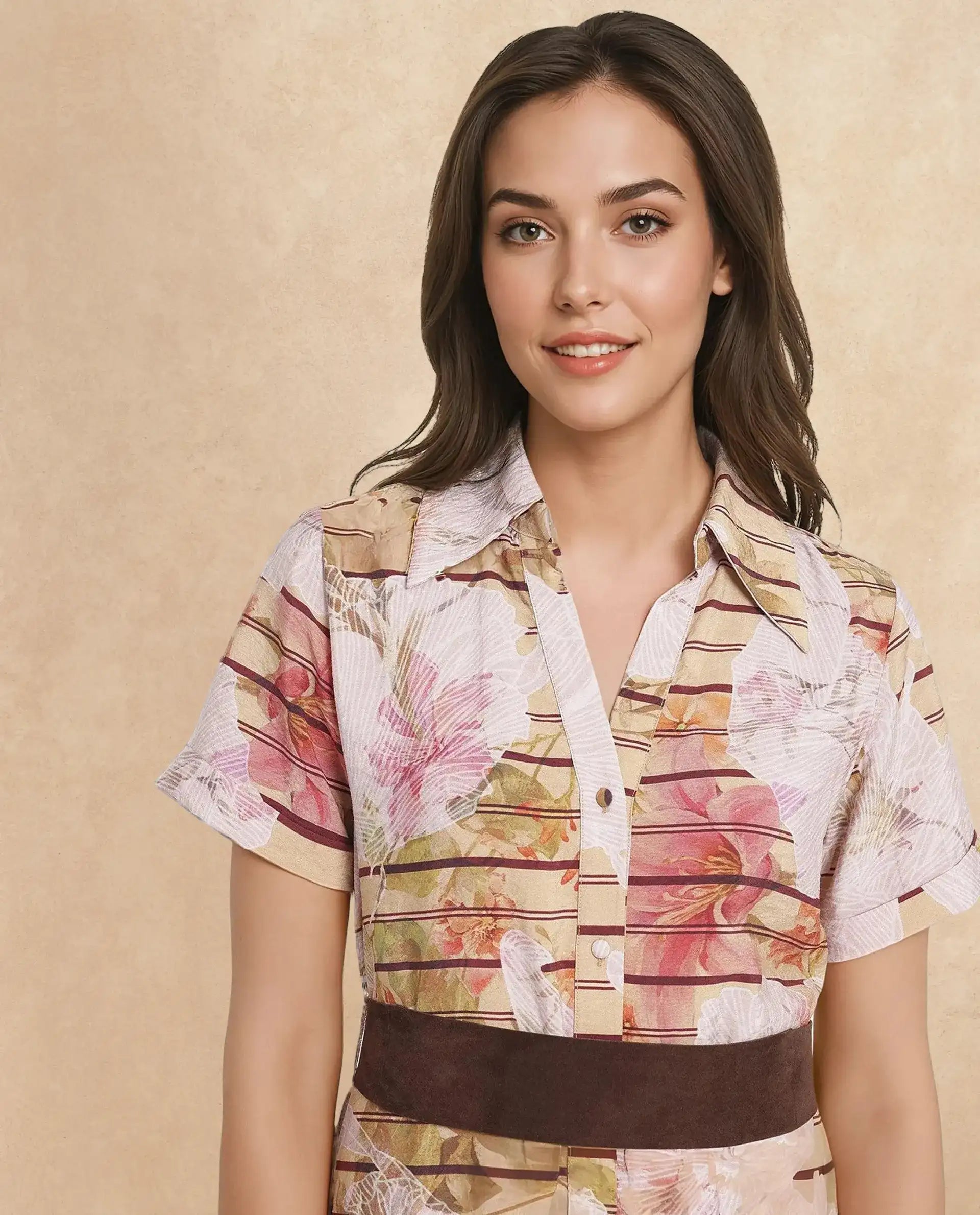 Rareism Women Xina Brown Short Sleeve Collared Neck Button Closure A-Line Maxi Floral Print Dress