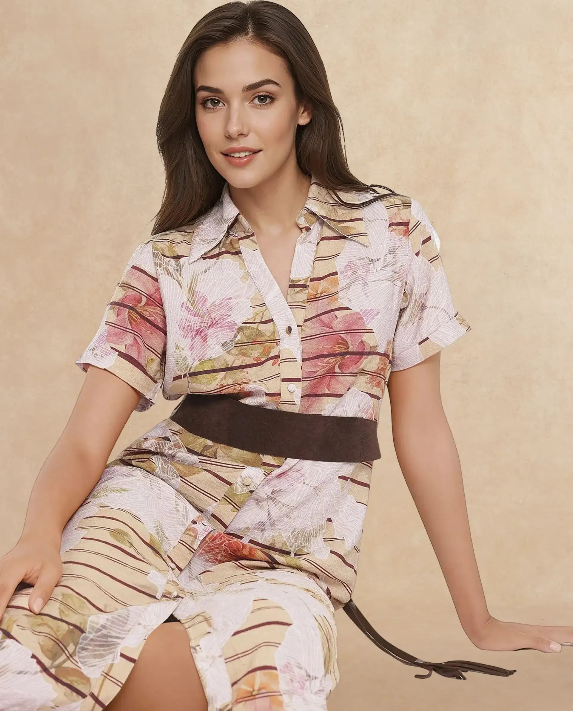 Rareism Women Xina Brown Short Sleeve Collared Neck Button Closure A-Line Maxi Floral Print Dress