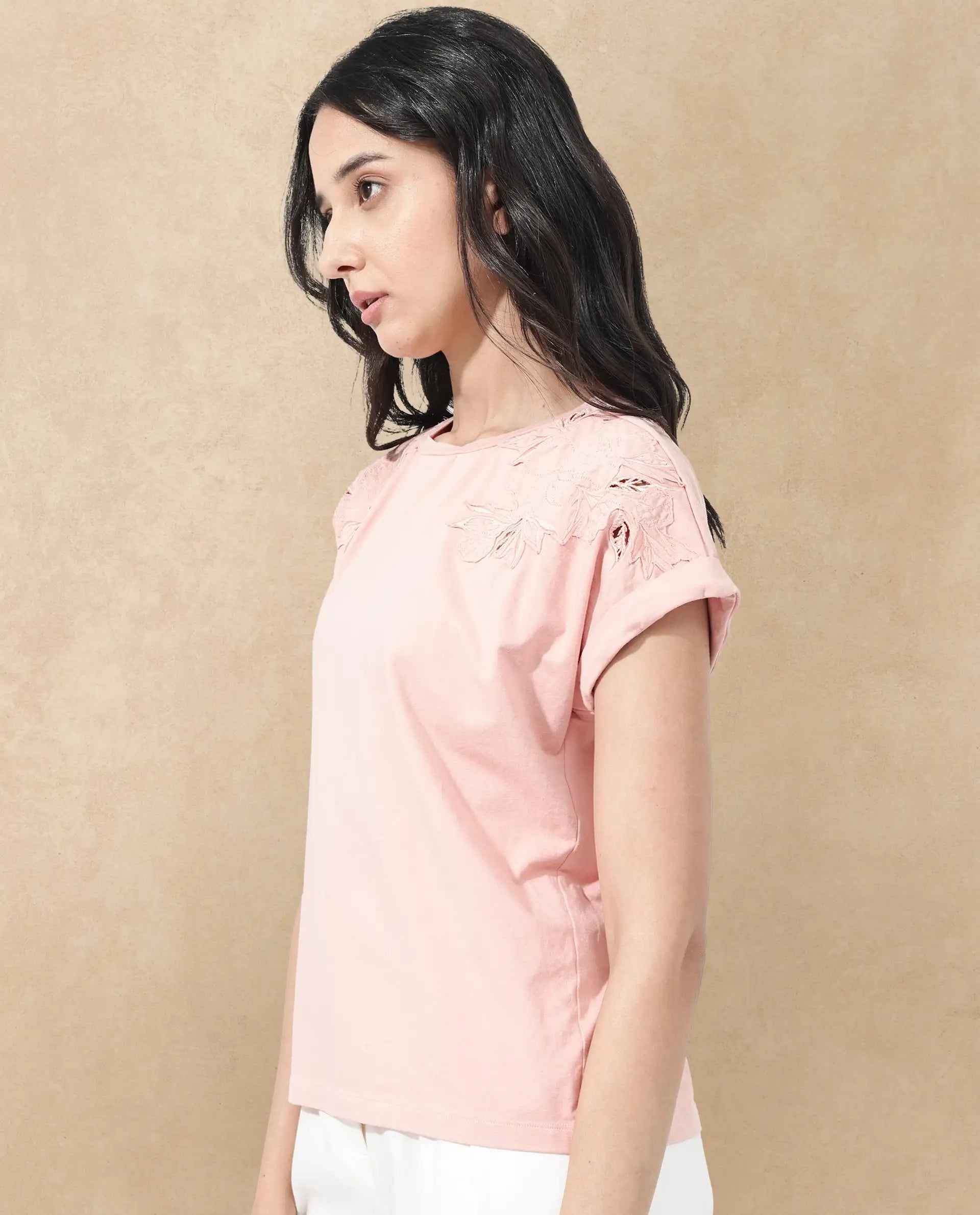 Rareism Women Xinia Light Peach Cotton Elastane Fabric Crew Neck Knit Solid T-Shirt