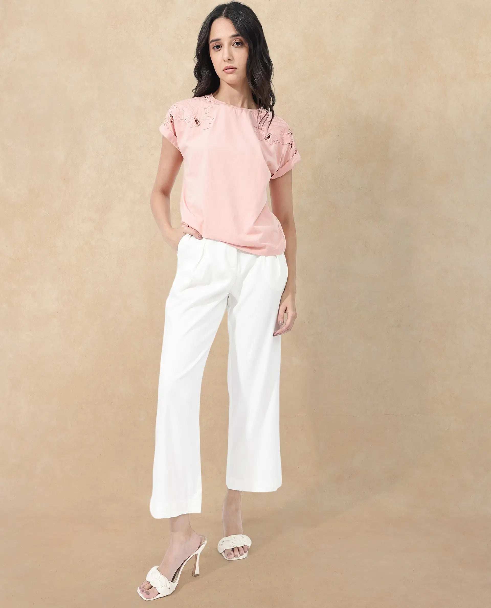 Rareism Women Xinia Light Peach Cotton Elastane Fabric Crew Neck Knit Solid T-Shirt