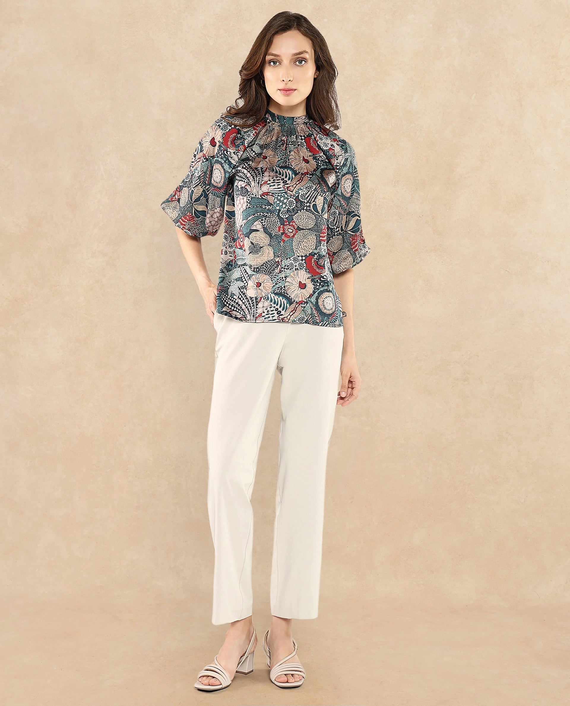 Rareism Women Xito Multi Satin Raglan Sleeves Mandarin Collar Button Closure Abstract Print Top