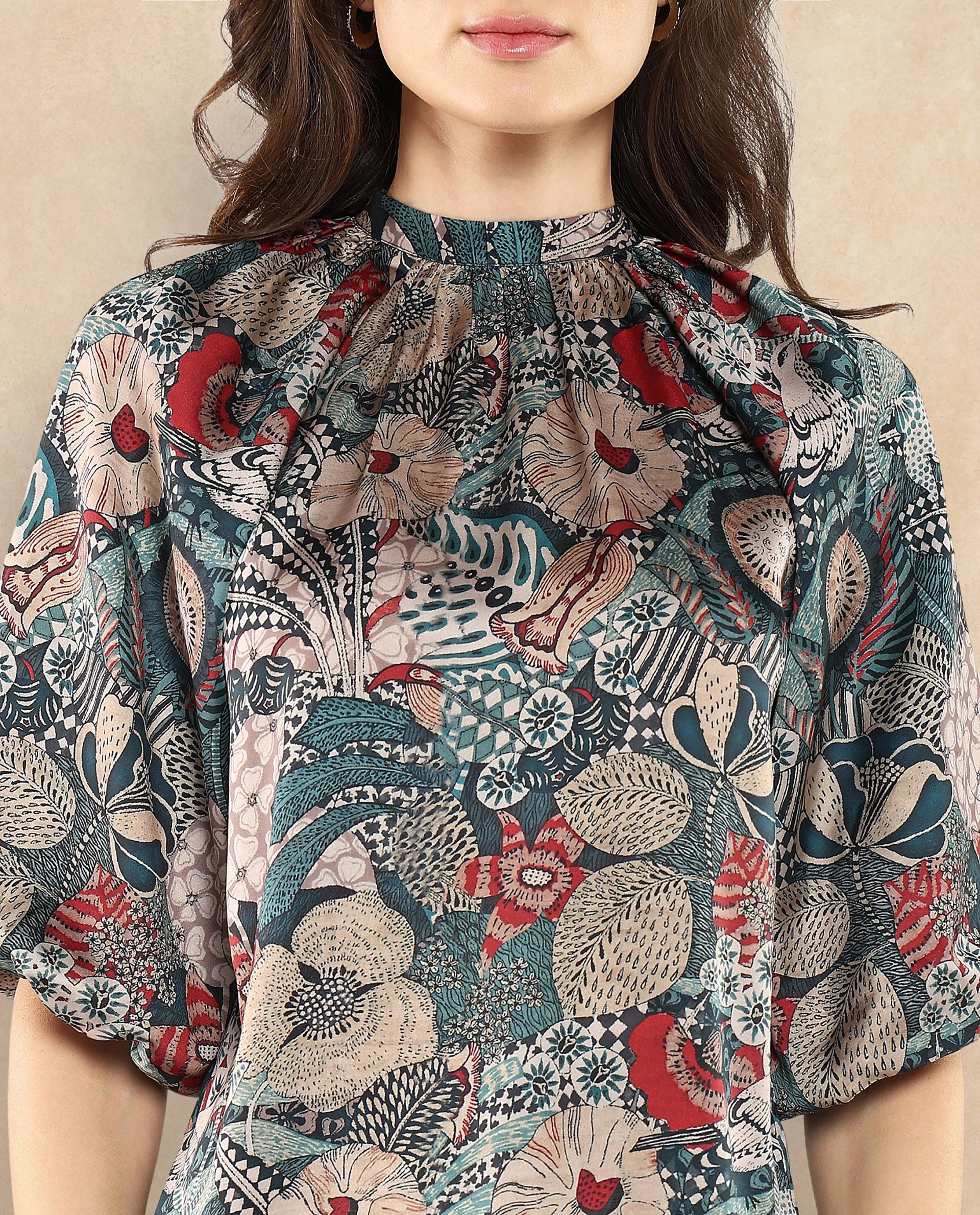 Rareism Women Xito Multi Satin Raglan Sleeves Mandarin Collar Button Closure Abstract Print Top