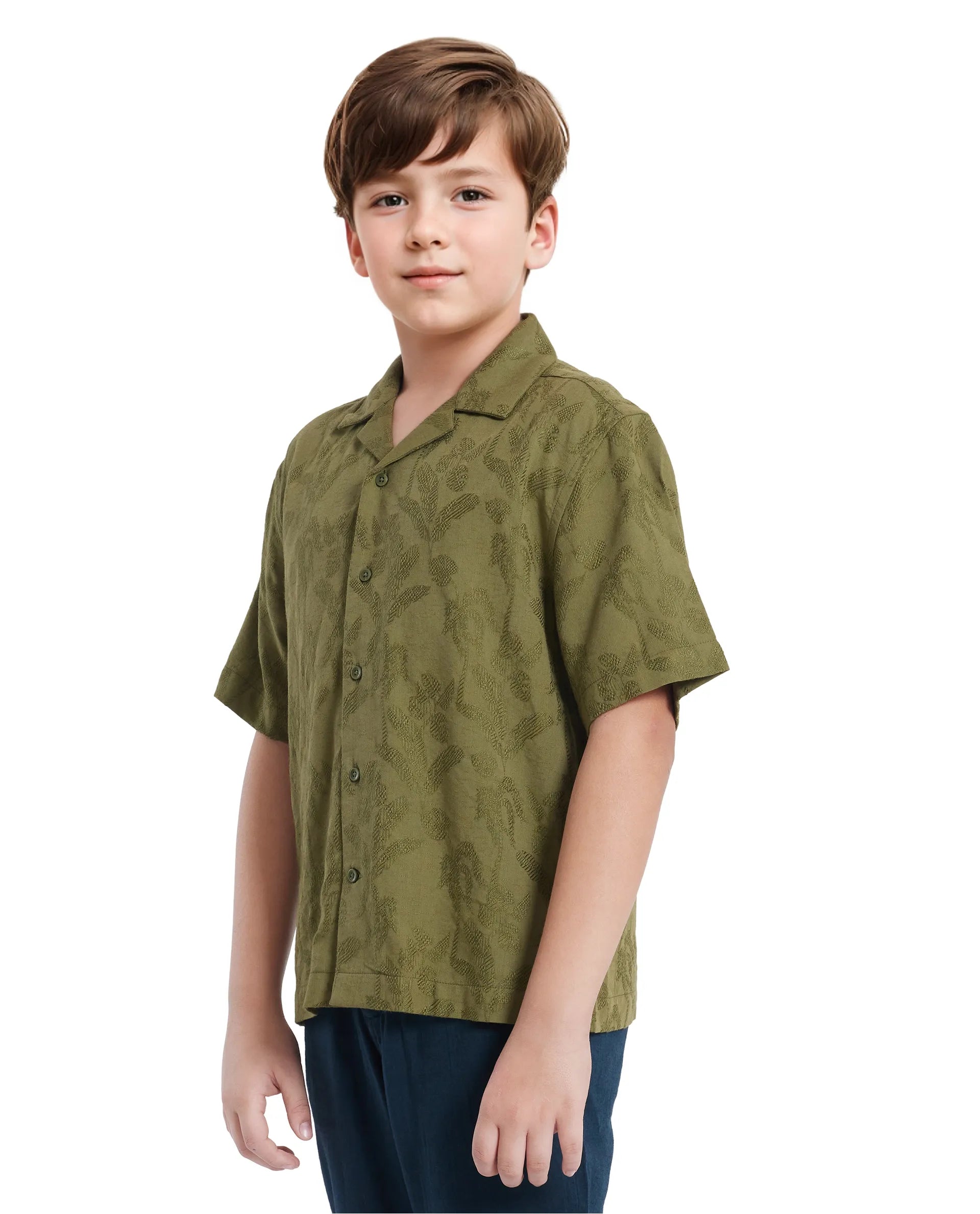 Rare Ones Kids Xylo Olive Cotton Blend Half Sleeve Jacquard Boxy Fit Shirt