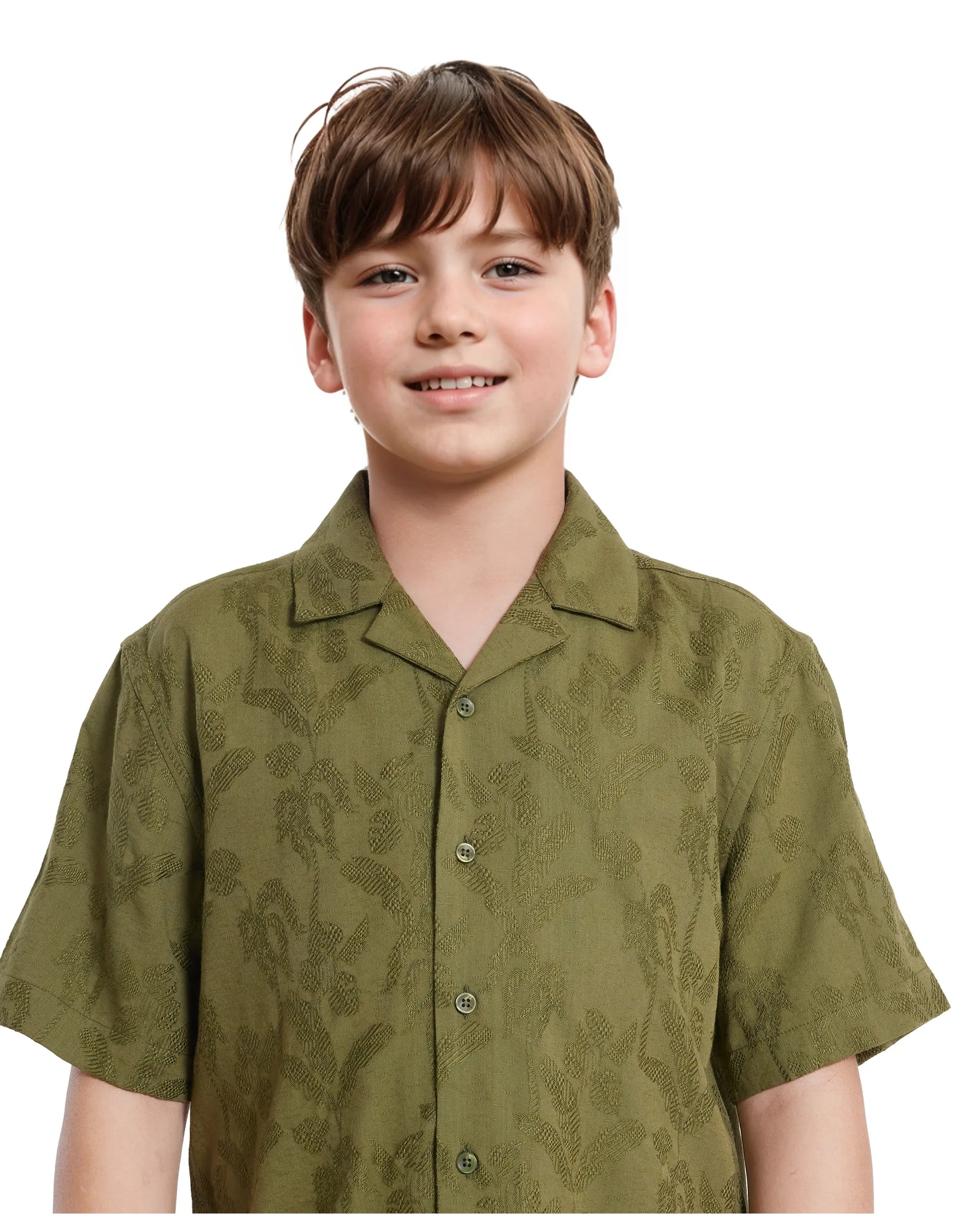 Rare Ones Kids Xylo Olive Cotton Blend Half Sleeve Jacquard Boxy Fit Shirt