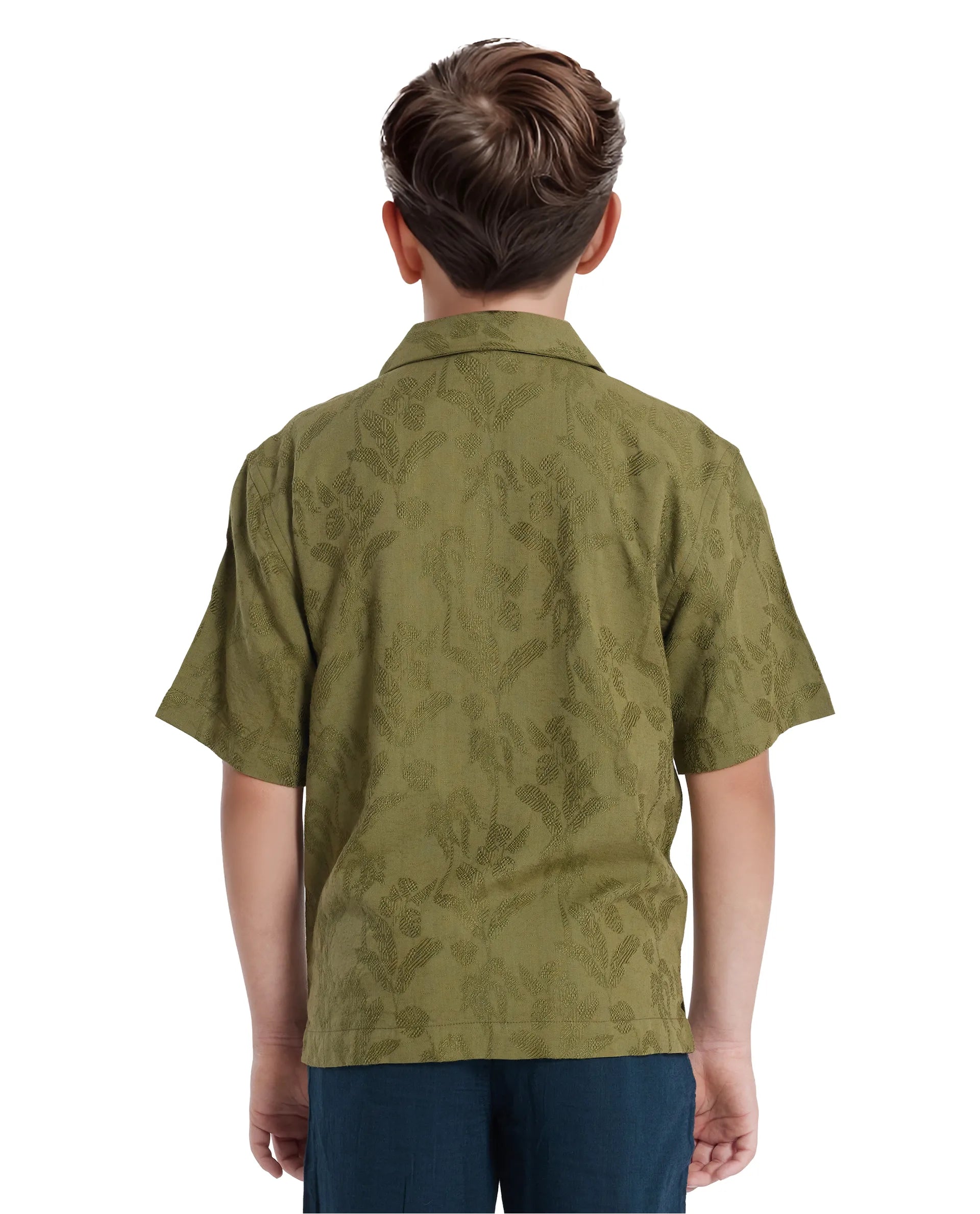 Rare Ones Kids Xylo Olive Cotton Blend Half Sleeve Jacquard Boxy Fit Shirt