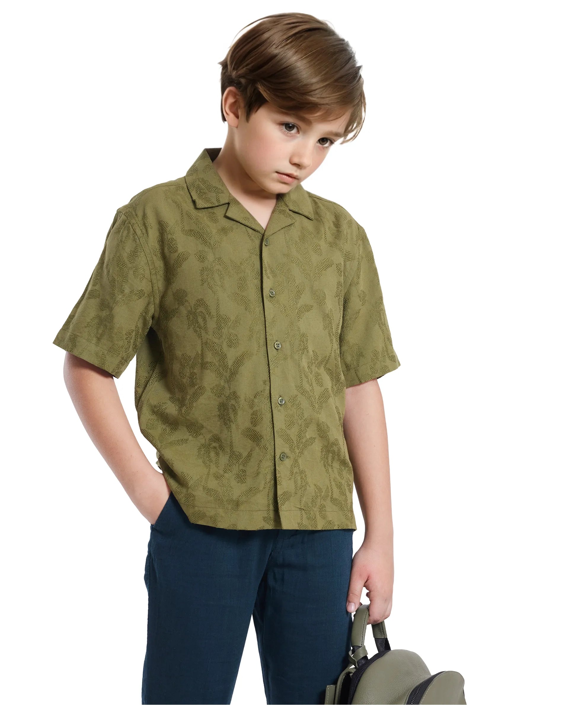 Rare Ones Kids Xylo Olive Cotton Blend Half Sleeve Jacquard Boxy Fit Shirt