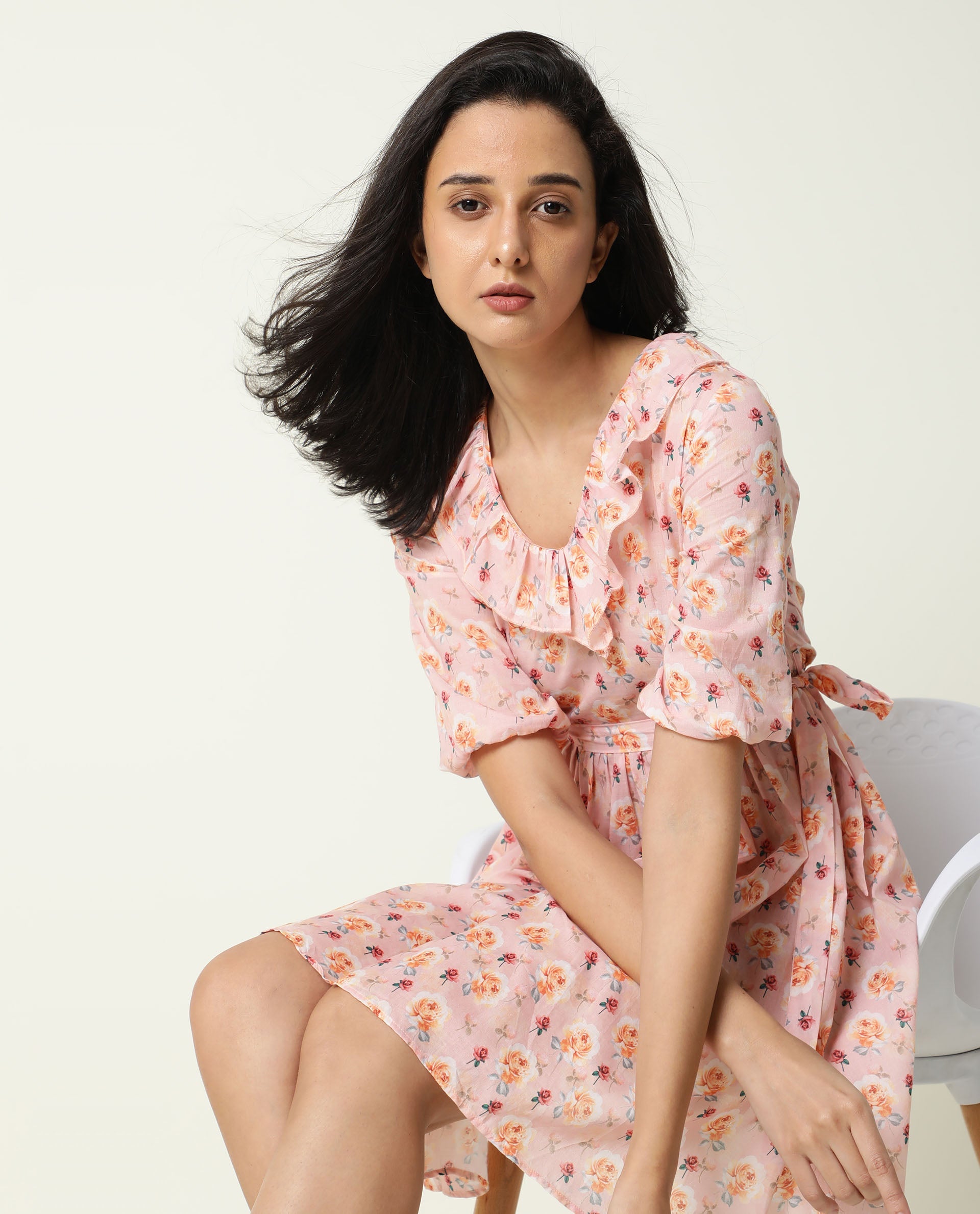 Rareism Women Verna Pink Floral Print V Neck With Ruffles Half Sleeves Fabric Waist Belt Mini Dress