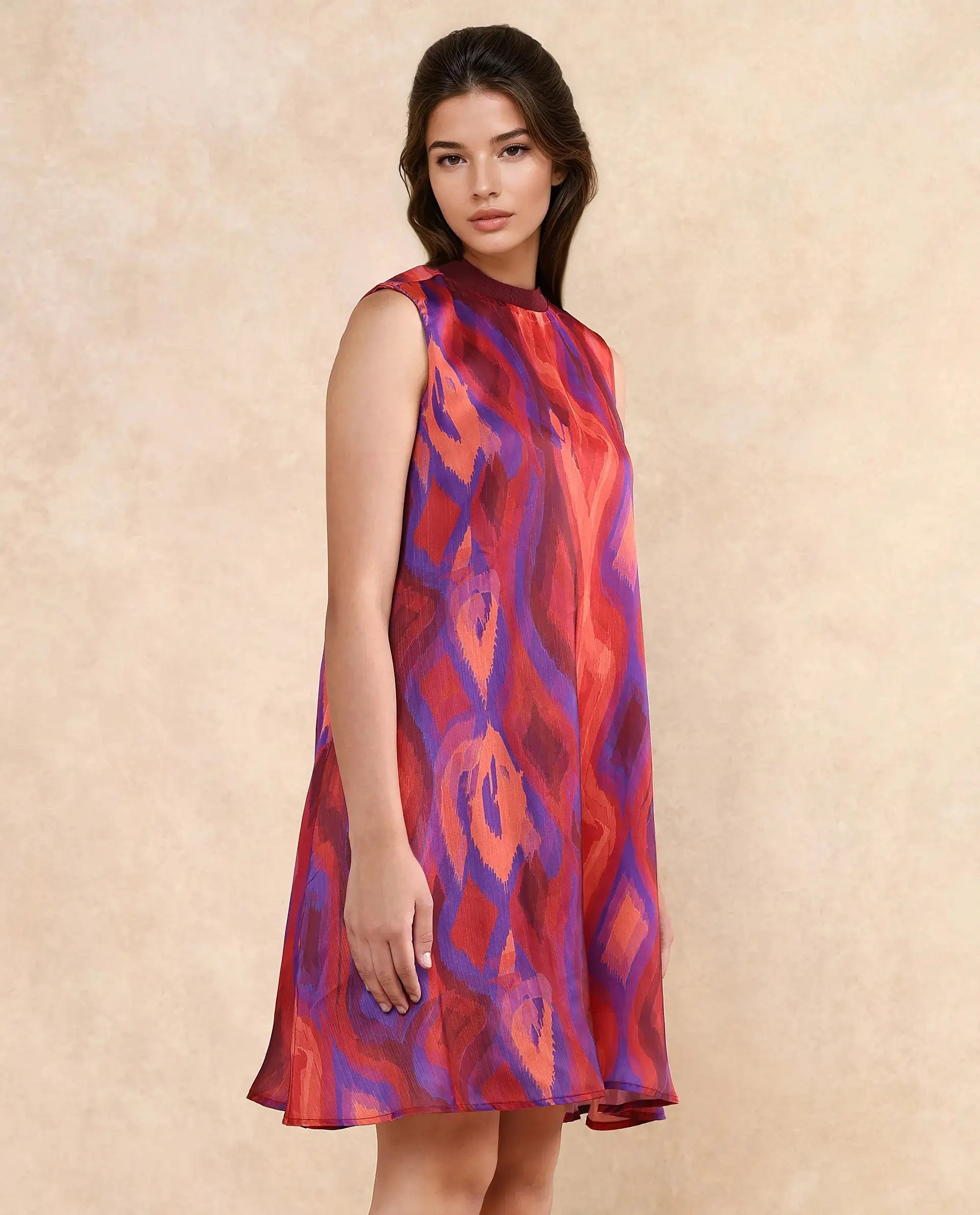 Rareism Women Yaden Multi Satin Sleeveless Turtle Neck Zipper Closure Flared Knee Length Abstract Print Dress