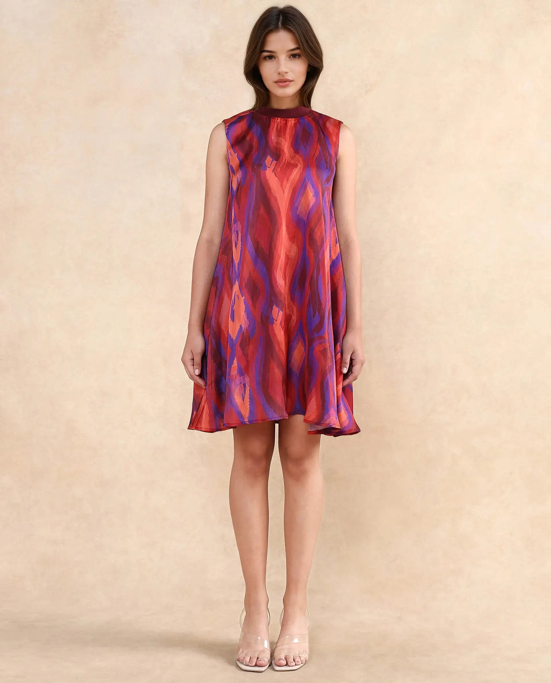 Rareism Women Yaden Multi Satin Sleeveless Turtle Neck Zipper Closure Flared Knee Length Abstract Print Dress