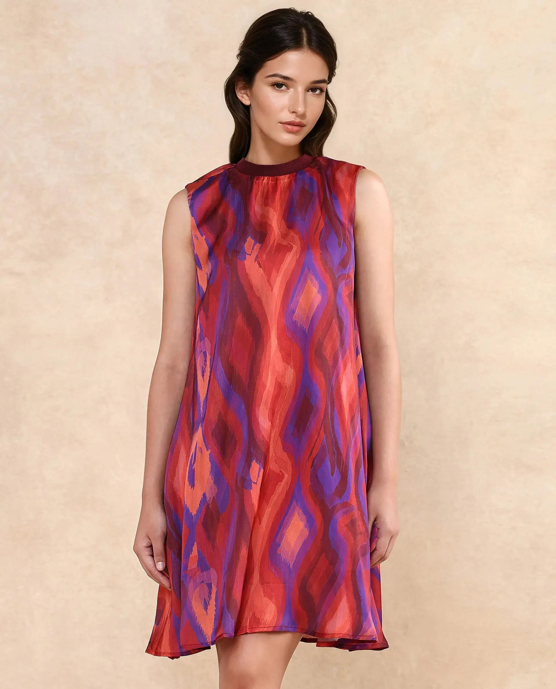 Rareism Women Yaden Multi Satin Sleeveless Turtle Neck Zipper Closure Flared Knee Length Abstract Print Dress