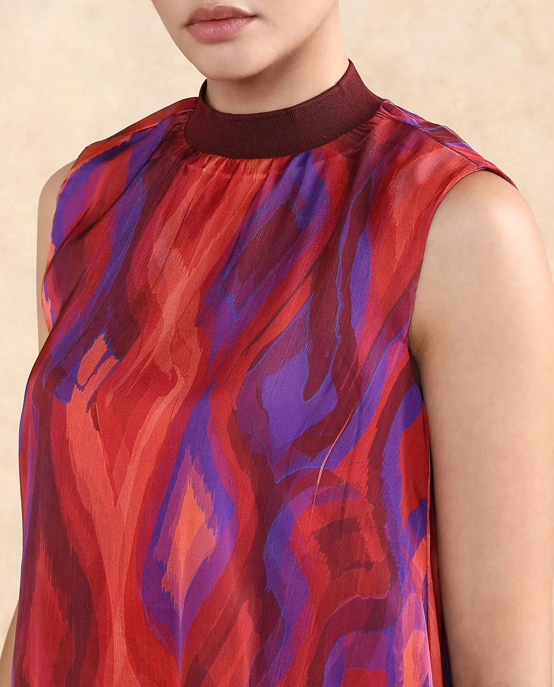 Rareism Women Yaden Multi Satin Sleeveless Turtle Neck Zipper Closure Flared Knee Length Abstract Print Dress