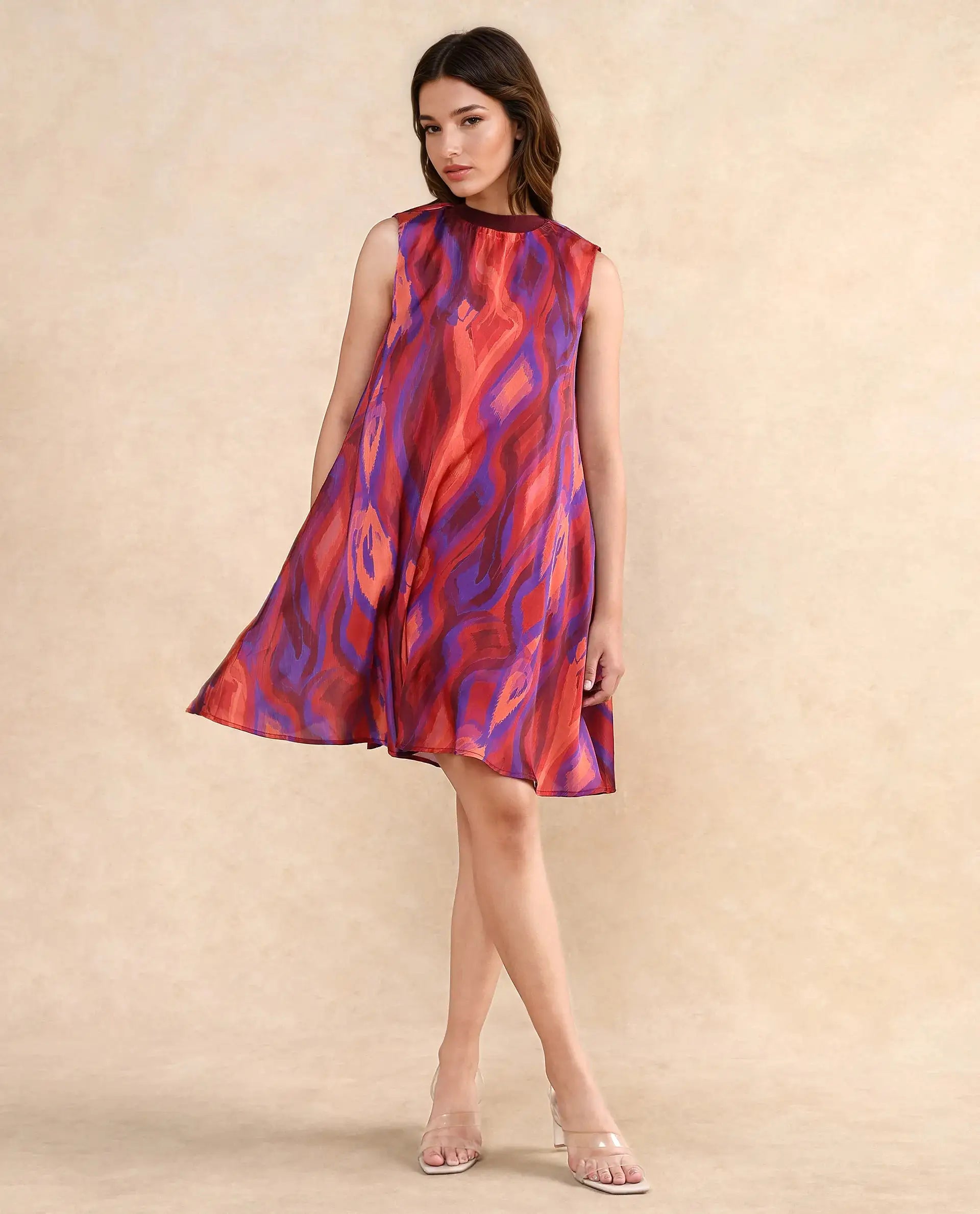 Rareism Women Yaden Multi Satin Sleeveless Turtle Neck Zipper Closure Flared Knee Length Abstract Print Dress