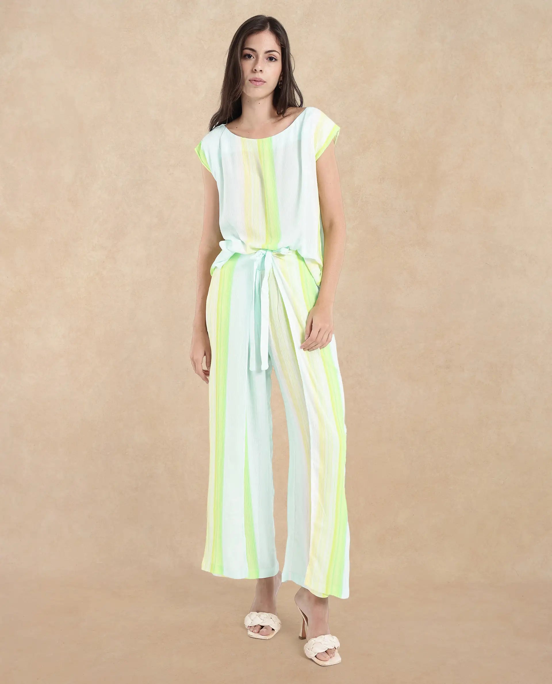 Rareism Women Yadot-B Multi Tie-Up Closure Wide Fit Ankle Length Broad Stripes Trouser