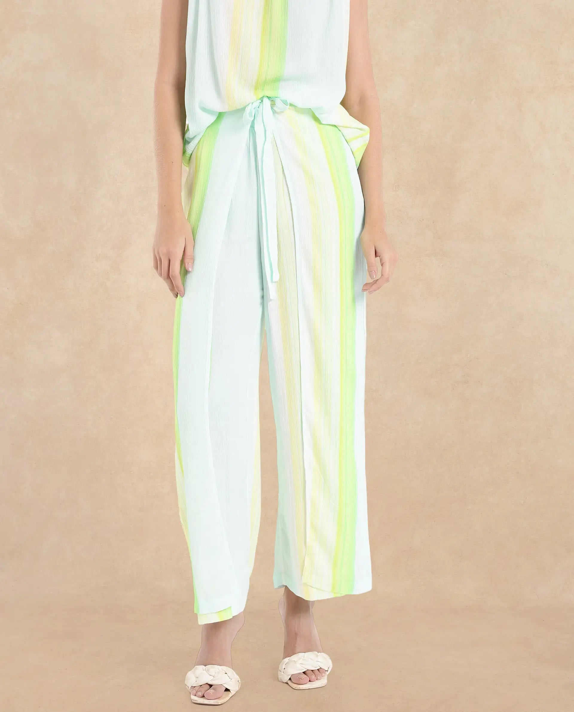 Rareism Women Yadot-B Multi Tie-Up Closure Wide Fit Ankle Length Broad Stripes Trouser