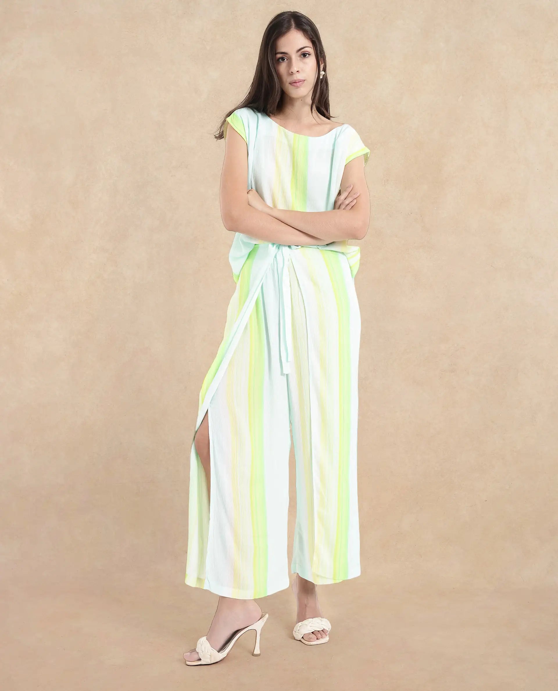 Rareism Women Yadot-B Multi Tie-Up Closure Wide Fit Ankle Length Broad Stripes Trouser