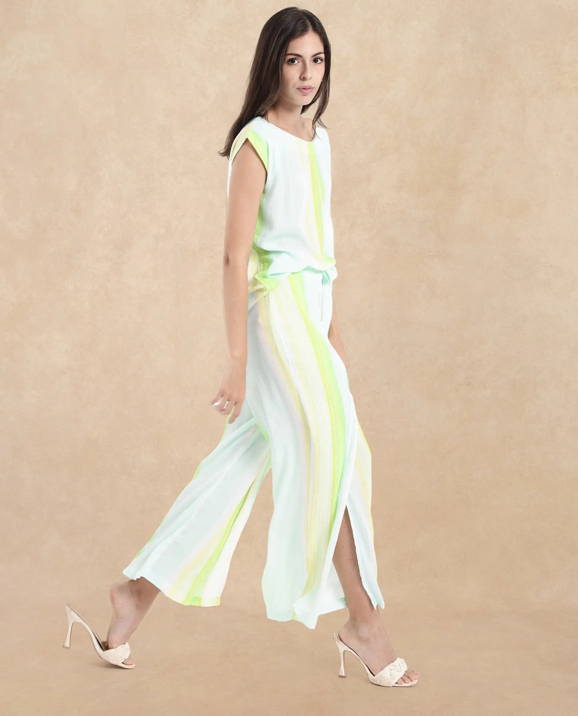 Rareism Women Yadot-B Multi Tie-Up Closure Wide Fit Ankle Length Broad Stripes Trouser