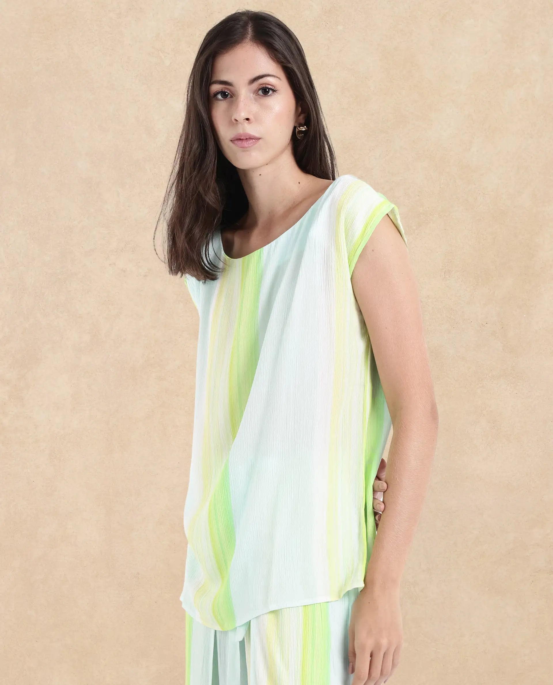 Rareism Women Yadot-T Multi Sleeveless Crew Neck Boxy Fit Broad Stripes Top