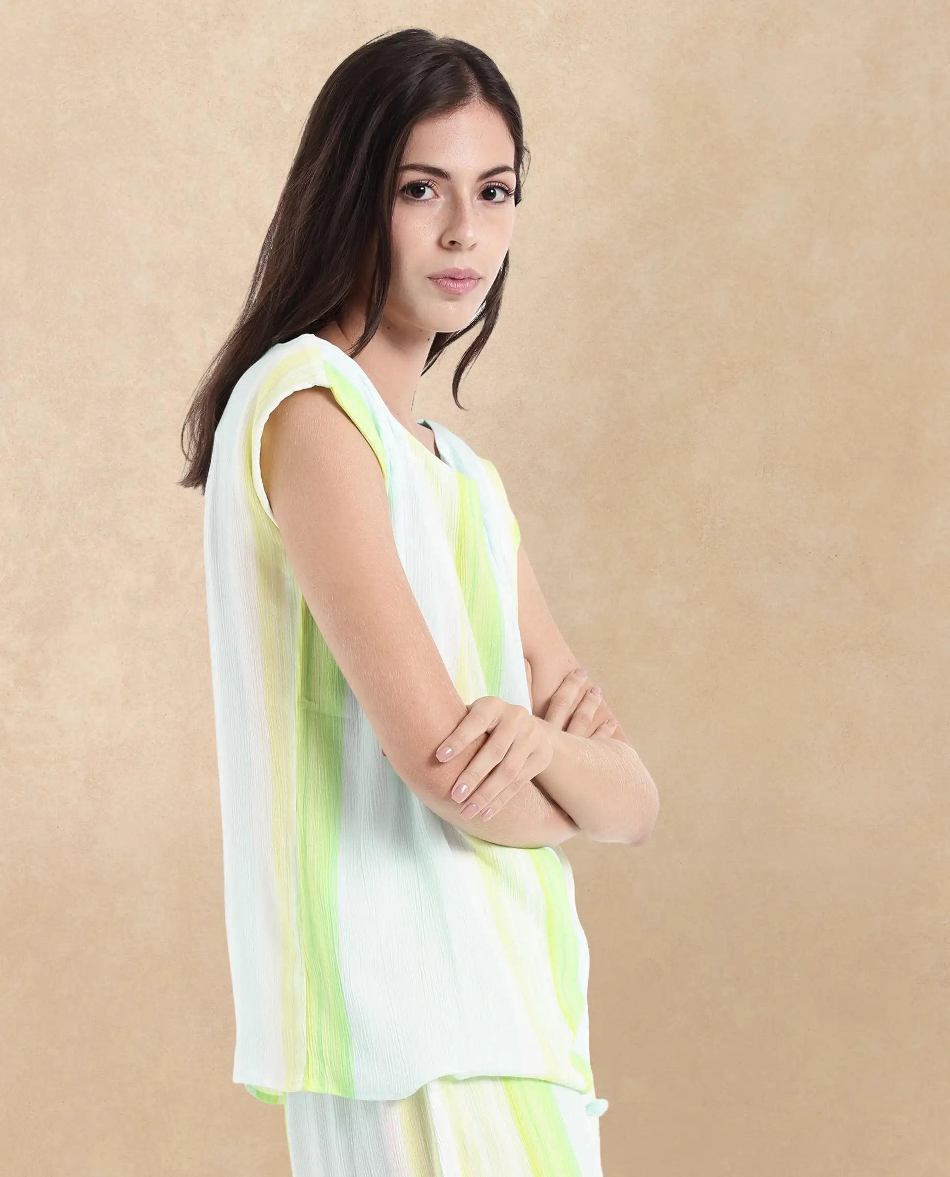 Rareism Women Yadot-T Multi Sleeveless Crew Neck Boxy Fit Broad Stripes Top