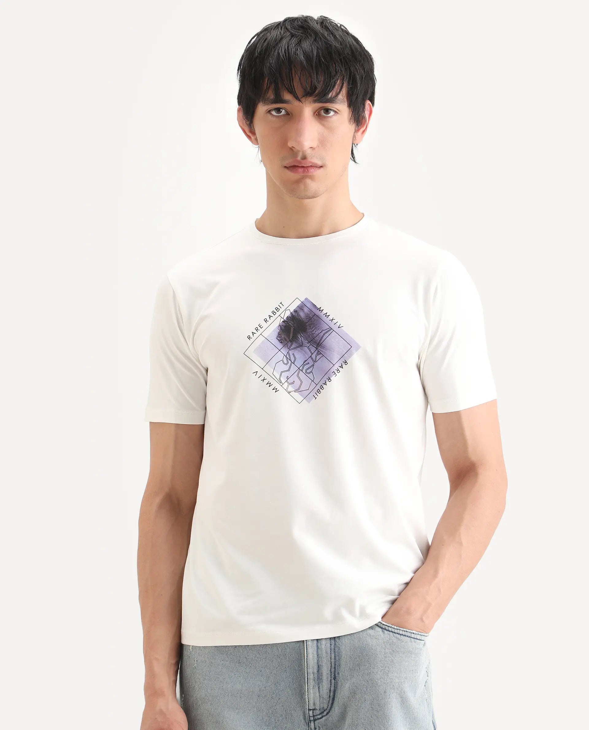 Rare Rabbit Men's Yal White Cotton Blend Fabric Half Sleeve Crew Neck Regular Fit Graphic Print T-Shirt