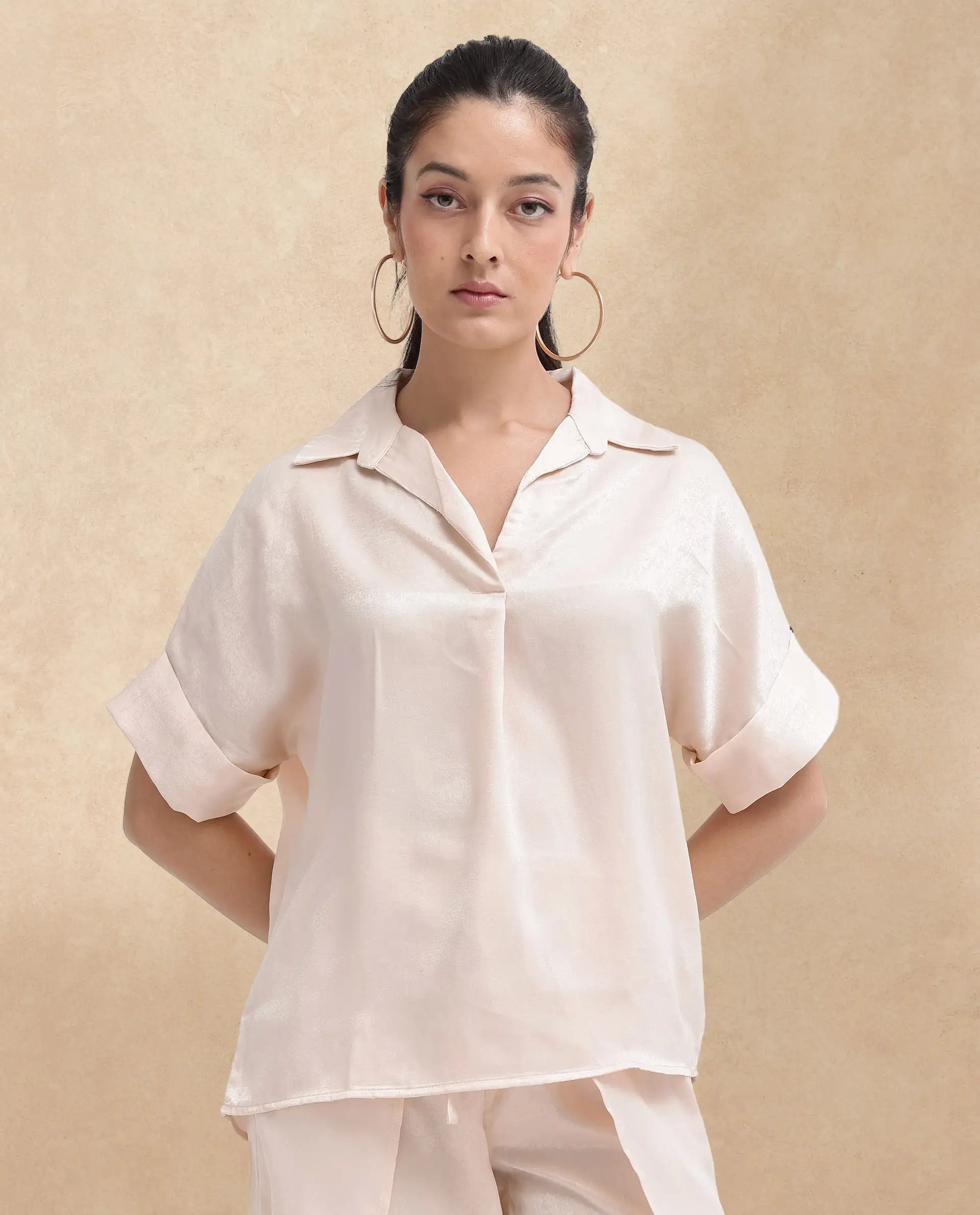 Rareism Women Yamato-T Light Beige Extended Sleeves Collared Neck Boxy Fit Plain Top