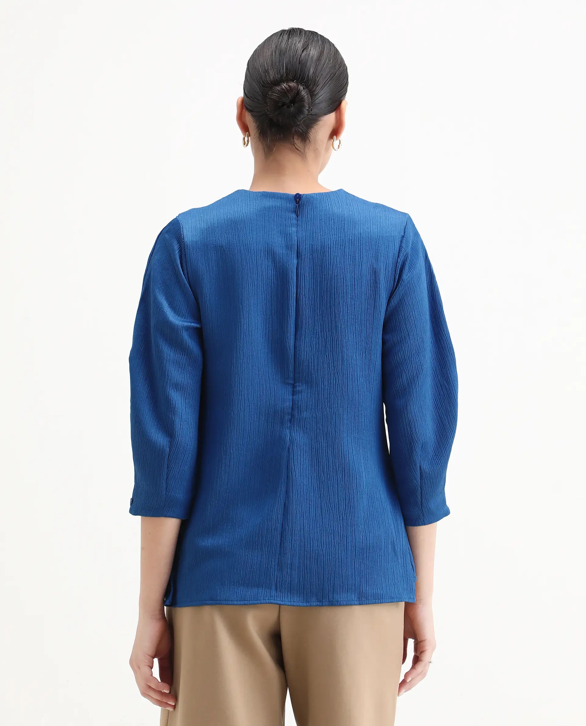 Rareism Women's Yan Blue Polyester Crew Neck Plain Volume Sleeve Regular Fit Top