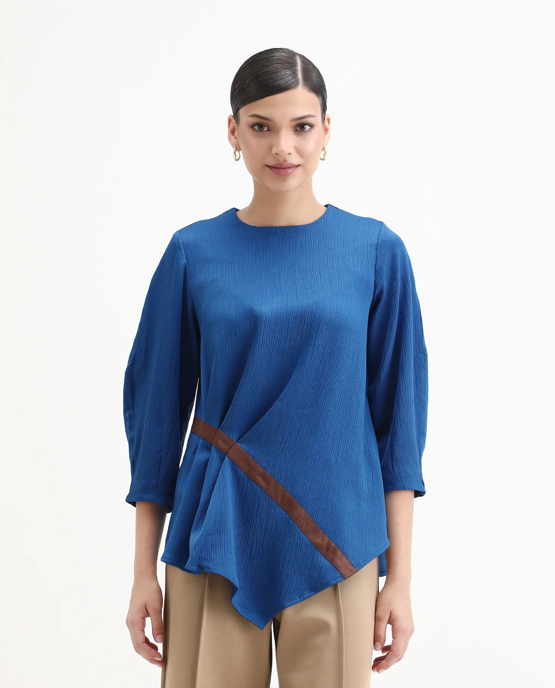 Rareism Women's Yan Blue Polyester Crew Neck Plain Volume Sleeve Regular Fit Top