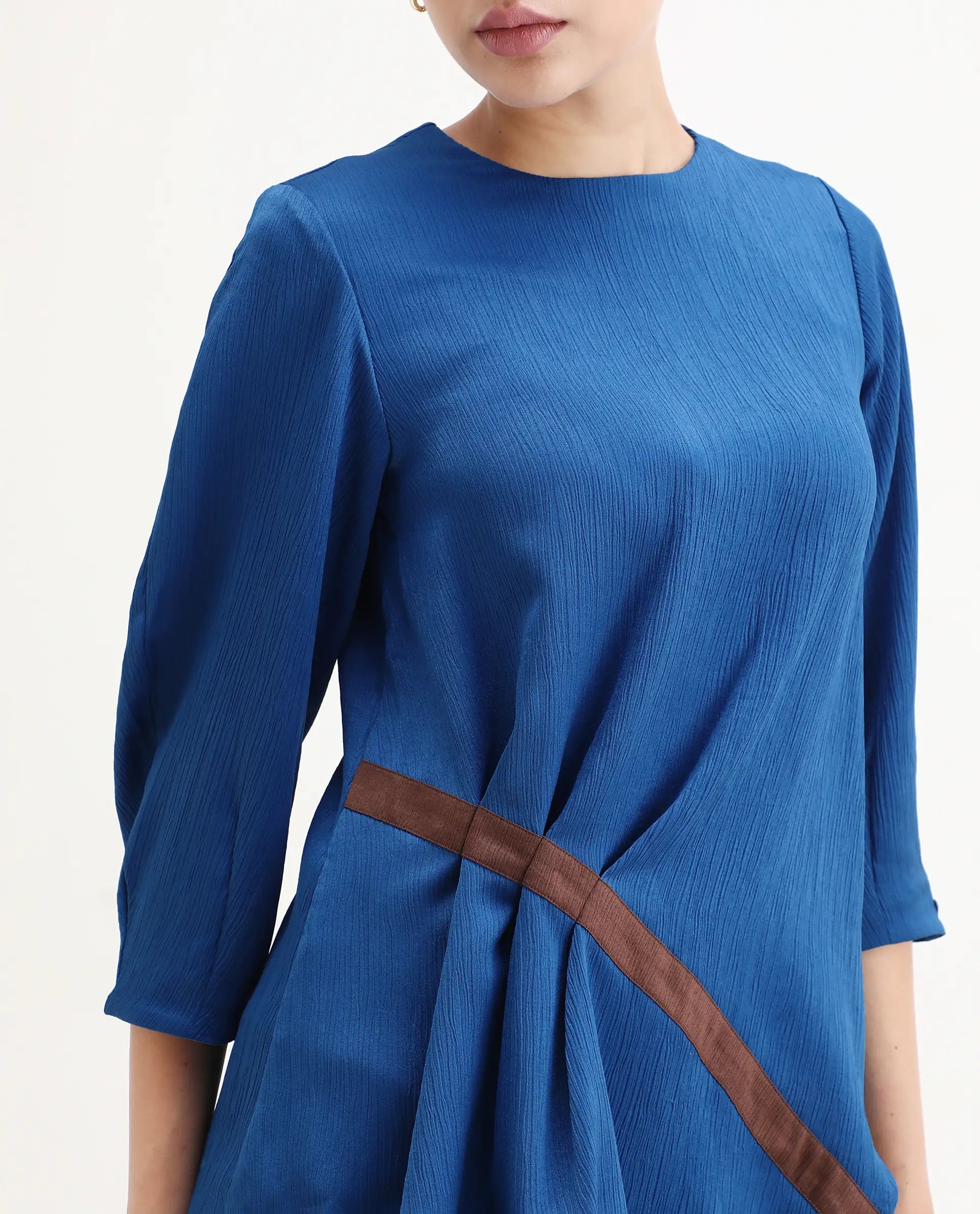 Rareism Women's Yan Blue Polyester Crew Neck Plain Volume Sleeve Regular Fit Top