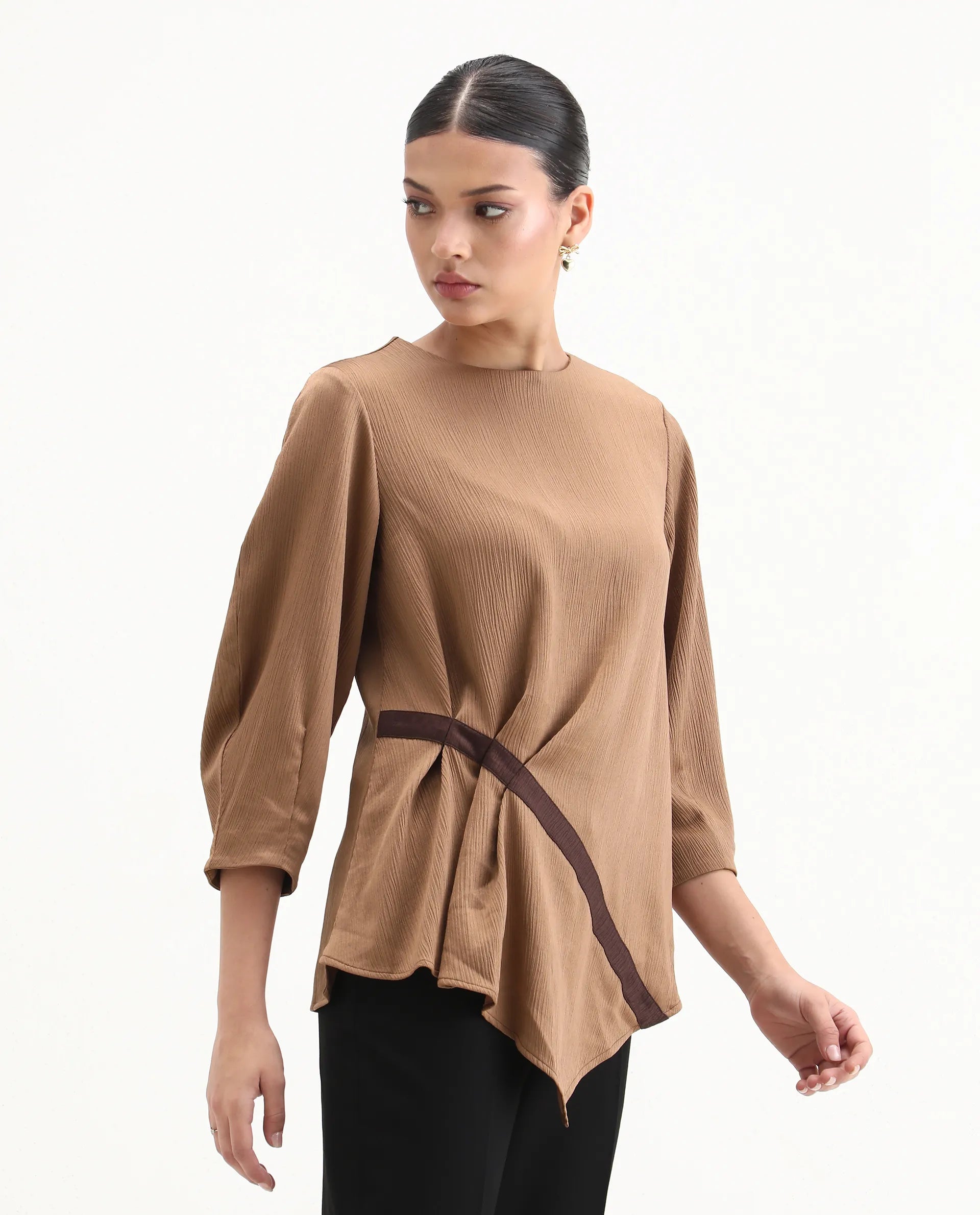 Rareism Women's Yan Brown Polyester Crew Neck Plain Volume Sleeve Regular Fit Top