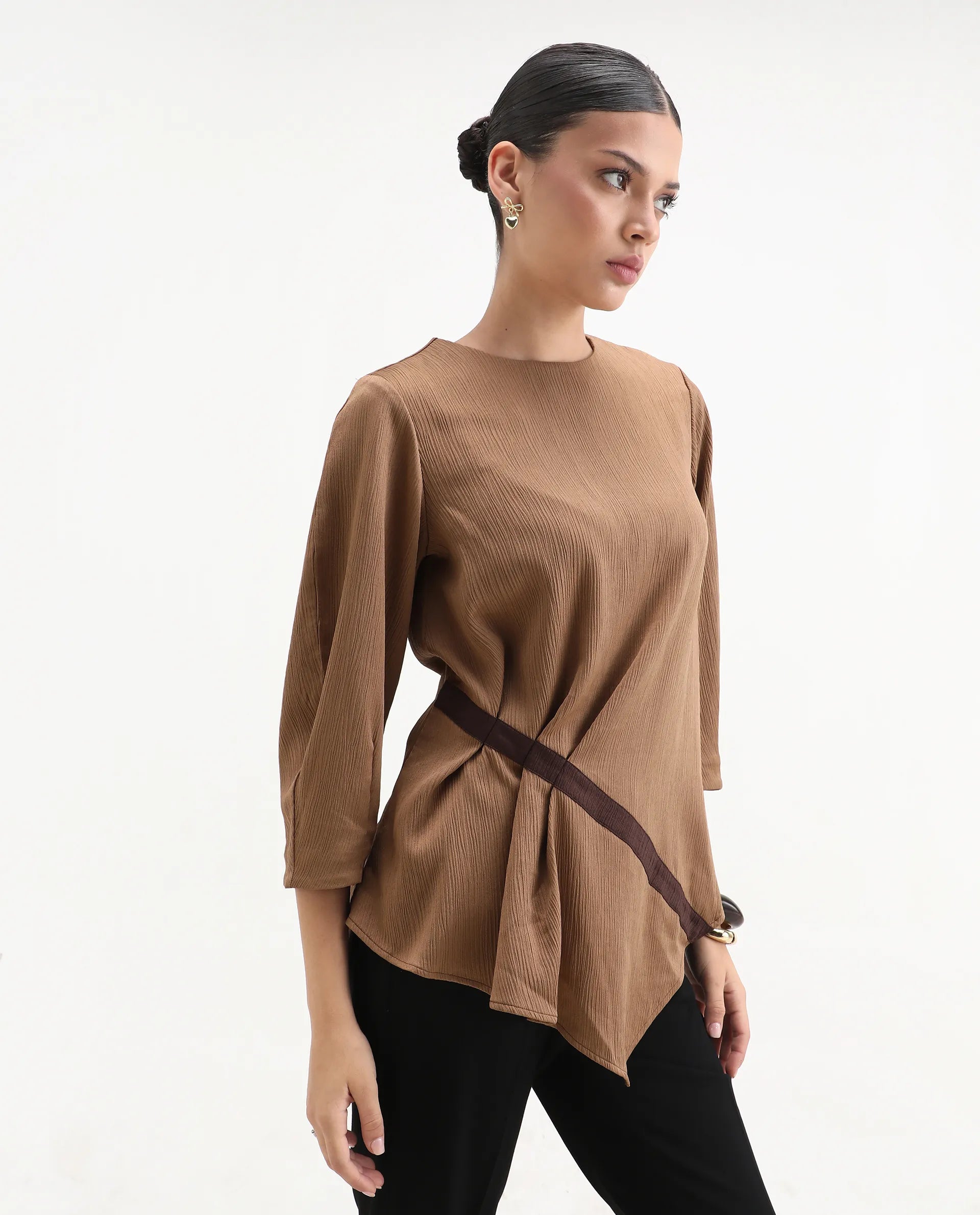 Rareism Women's Yan Brown Polyester Crew Neck Plain Volume Sleeve Regular Fit Top